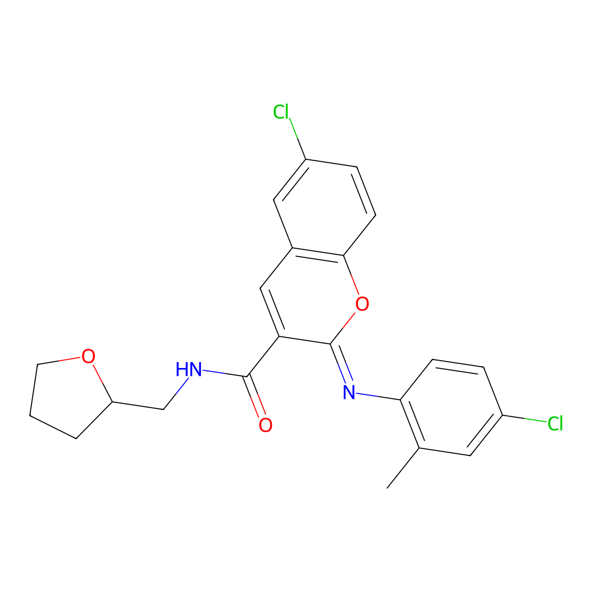 (2Z)-6-chloro-2-[(4-chloro-2-methylphenyl)imino]-N-(tetrahydrofuran-2-ylmethyl)-2H-chromene-3-carboxamide molecular structure, CAS 1327180-97-1