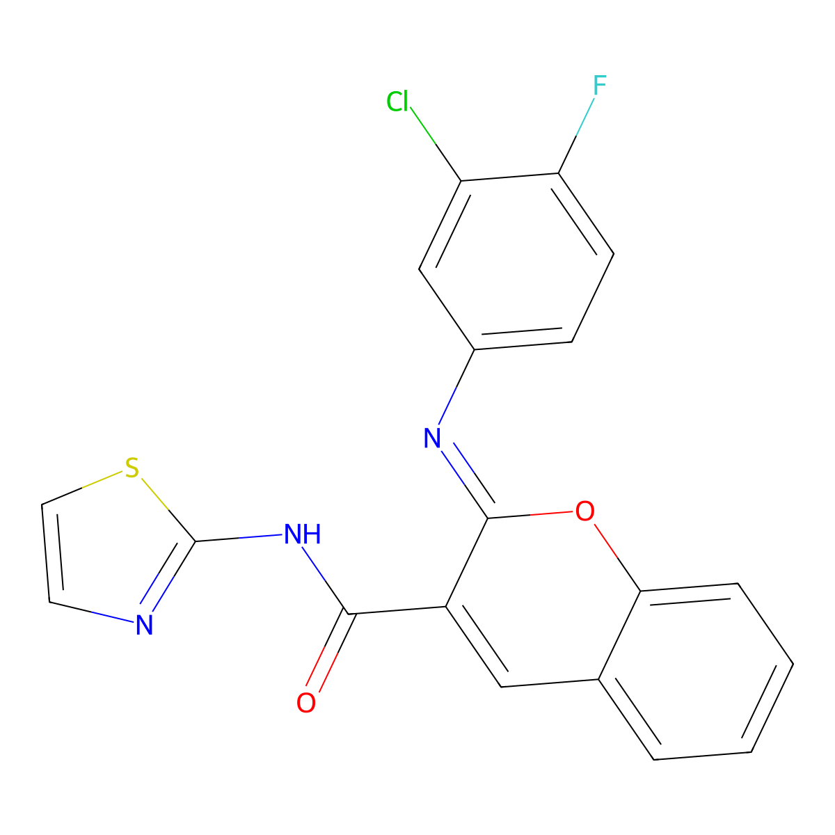 (2Z)-2-[(3-chloro-4-fluorophenyl)imino]-N-(1,3-thiazol-2-yl)-2H-chromene-3-carboxamide molecular structure, CAS 1327186-56-0