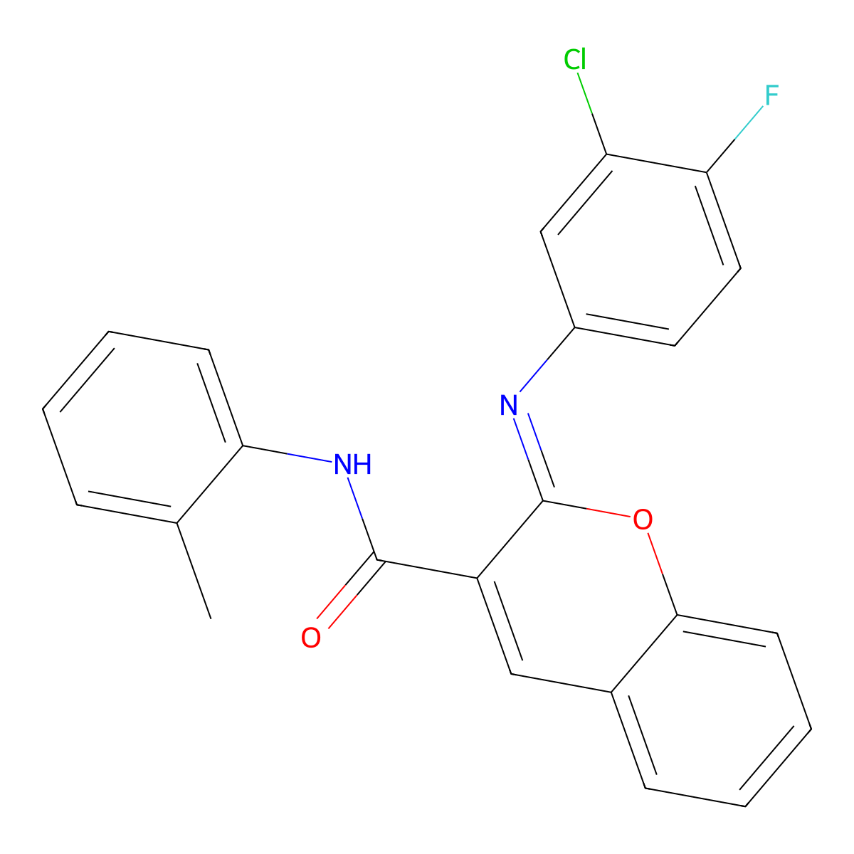 (2Z)-2-[(3-chloro-4-fluorophenyl)imino]-N-(2-methylphenyl)-2H-chromene-3-carboxamide molecular structure, CAS 1327187-65-4