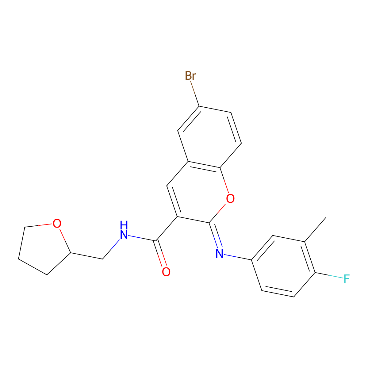 (2Z)-6-bromo-2-[(4-fluoro-3-methylphenyl)imino]-N-(tetrahydrofuran-2-ylmethyl)-2H-chromene-3-carboxamide molecular structure, CAS 1327194-79-5