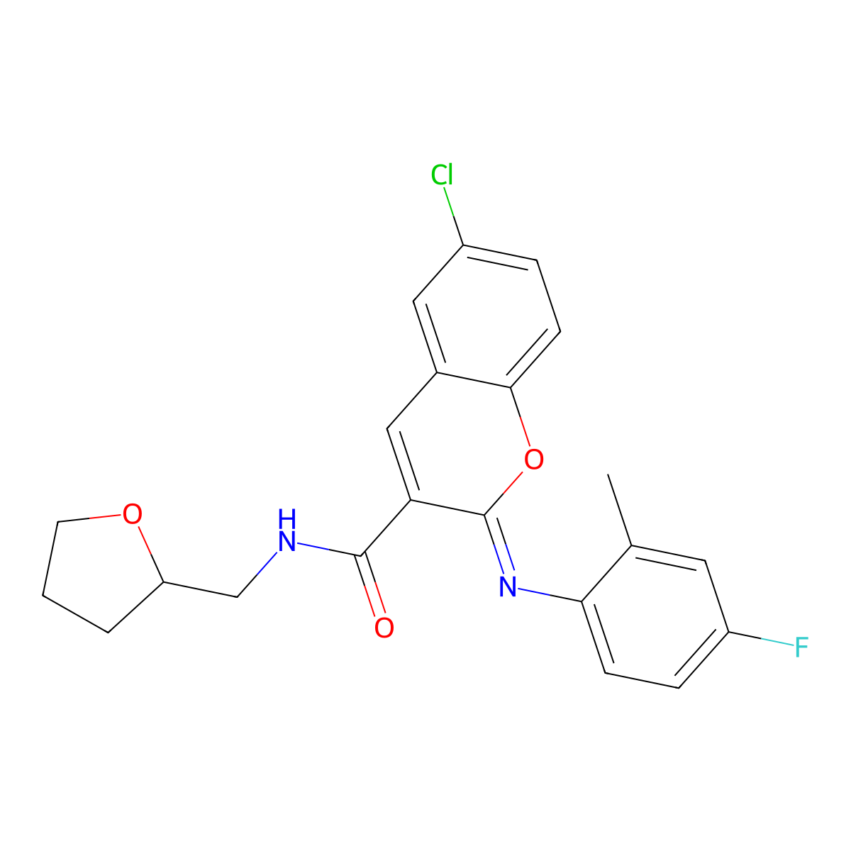 (2Z)-6-chloro-2-[(4-fluoro-2-methylphenyl)imino]-N-(tetrahydrofuran-2-ylmethyl)-2H-chromene-3-carboxamide molecular structure, CAS 1327195-07-2