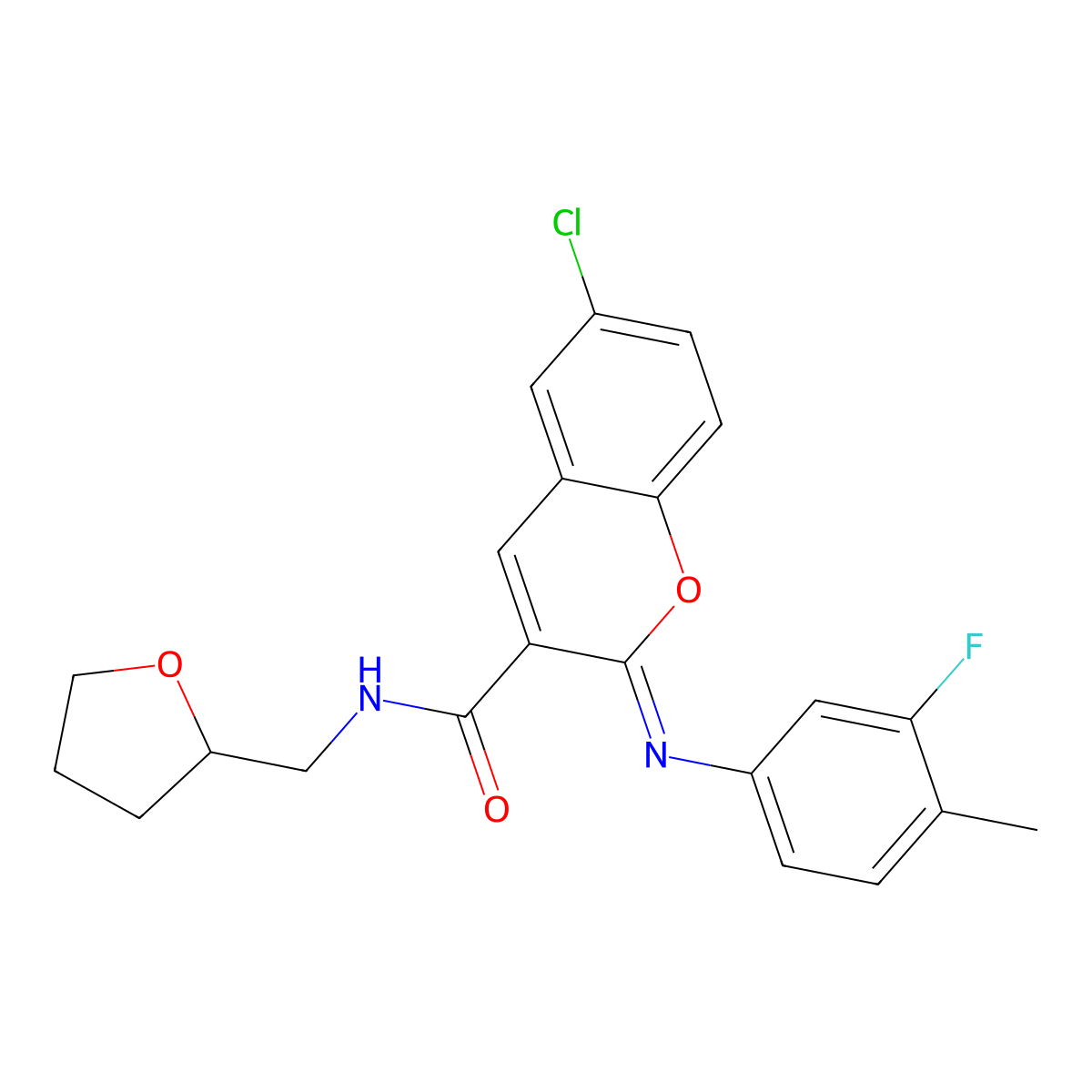 (2Z)-6-chloro-2-[(3-fluoro-4-methylphenyl)imino]-N-[(oxolan-2-yl)methyl]-2H-chromene-3-carboxamide molecular structure, CAS 1327195-11-8