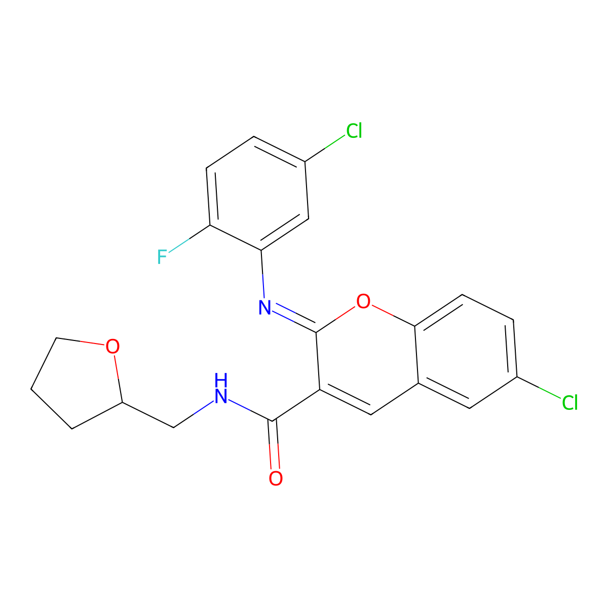 (2Z)-6-chloro-2-[(5-chloro-2-fluorophenyl)imino]-N-(tetrahydrofuran-2-ylmethyl)-2H-chromene-3-carboxamide molecular structure, CAS 1327196-06-4