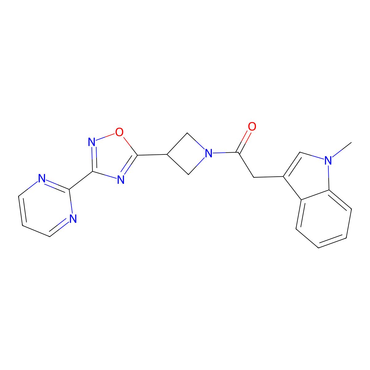 2-(1-methyl-1H-indol-3-yl)-1-(3-(3-(pyrimidin-2-yl)-1,2,4-oxadiazol-5-yl)azetidin-1-yl)ethanone molecular structure, CAS 1327203-12-2