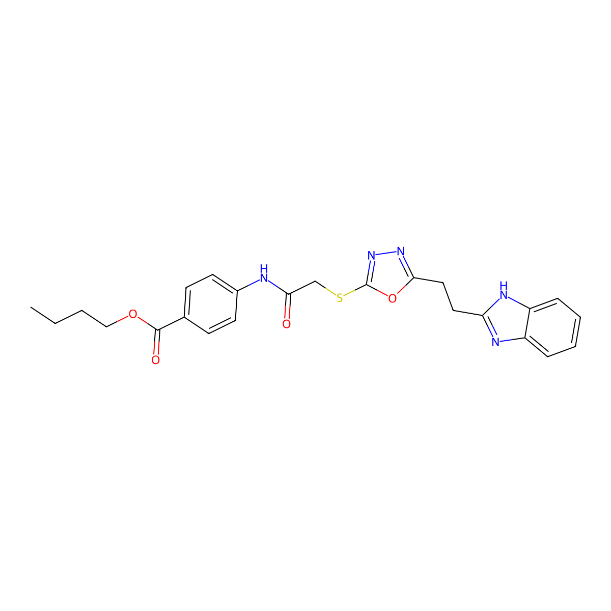 butyl 4-[2-({5-[2-(1H-1,3-benzodiazol-2-yl)ethyl]-1,3,4-oxadiazol-2-yl}sulfanyl)acetamido]benzoate molecular structure, CAS 1327241-02-0