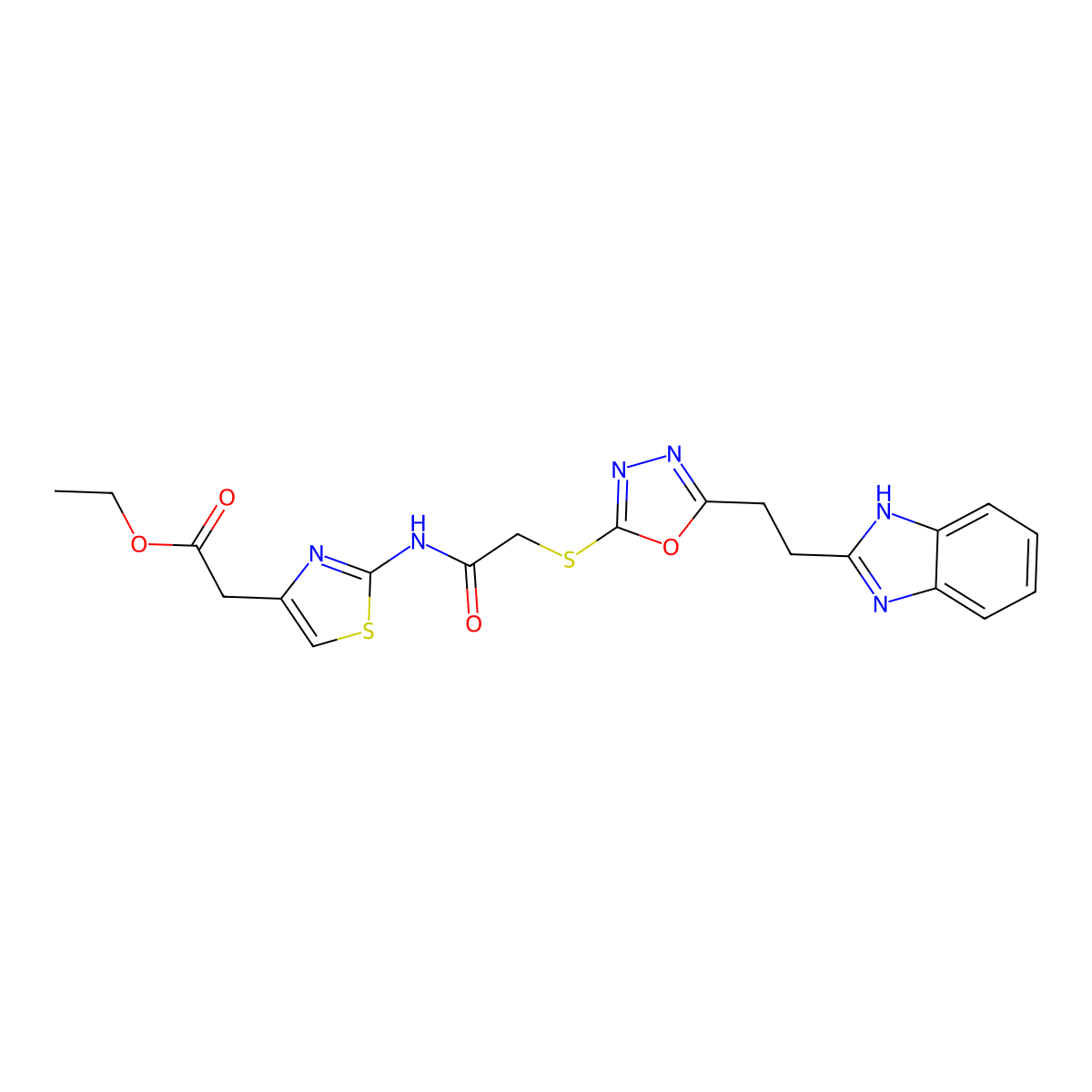 ethyl 2-(2-(2-((5-(2-(1H-benzo[d]imidazol-2-yl)ethyl)-1,3,4-oxadiazol-2-yl)thio)acetamido)thiazol-4-yl)acetate molecular structure, CAS 1327241-05-3