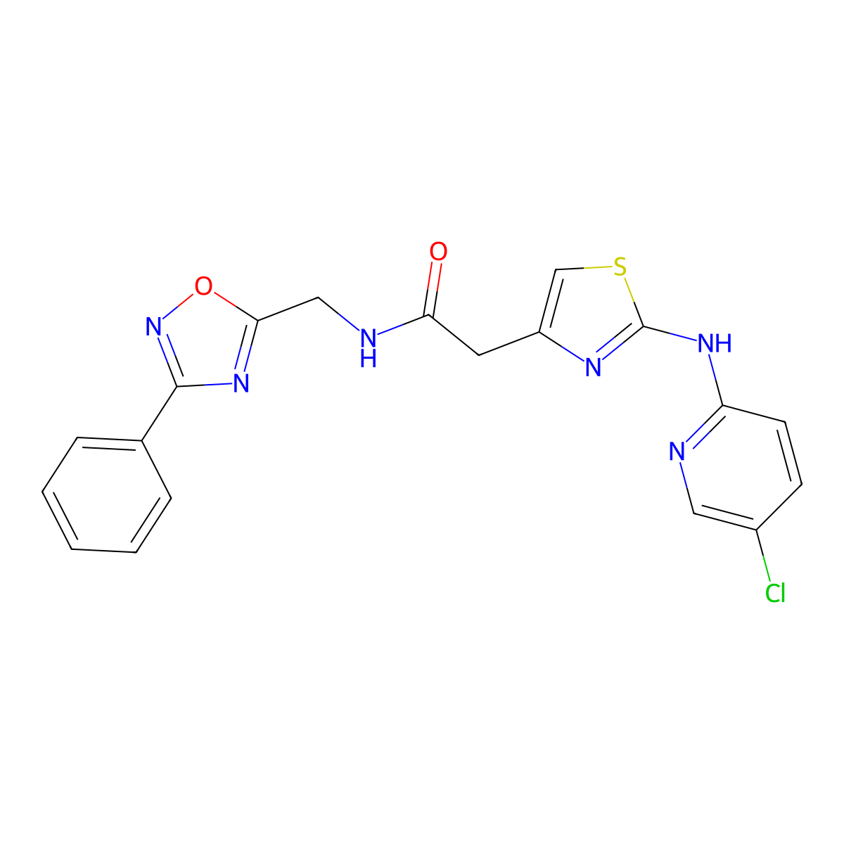 2-(2-((5-chloropyridin-2-yl)amino)thiazol-4-yl)-N-((3-phenyl-1,2,4-oxadiazol-5-yl)methyl)acetamide molecular structure, CAS 1327242-20-5