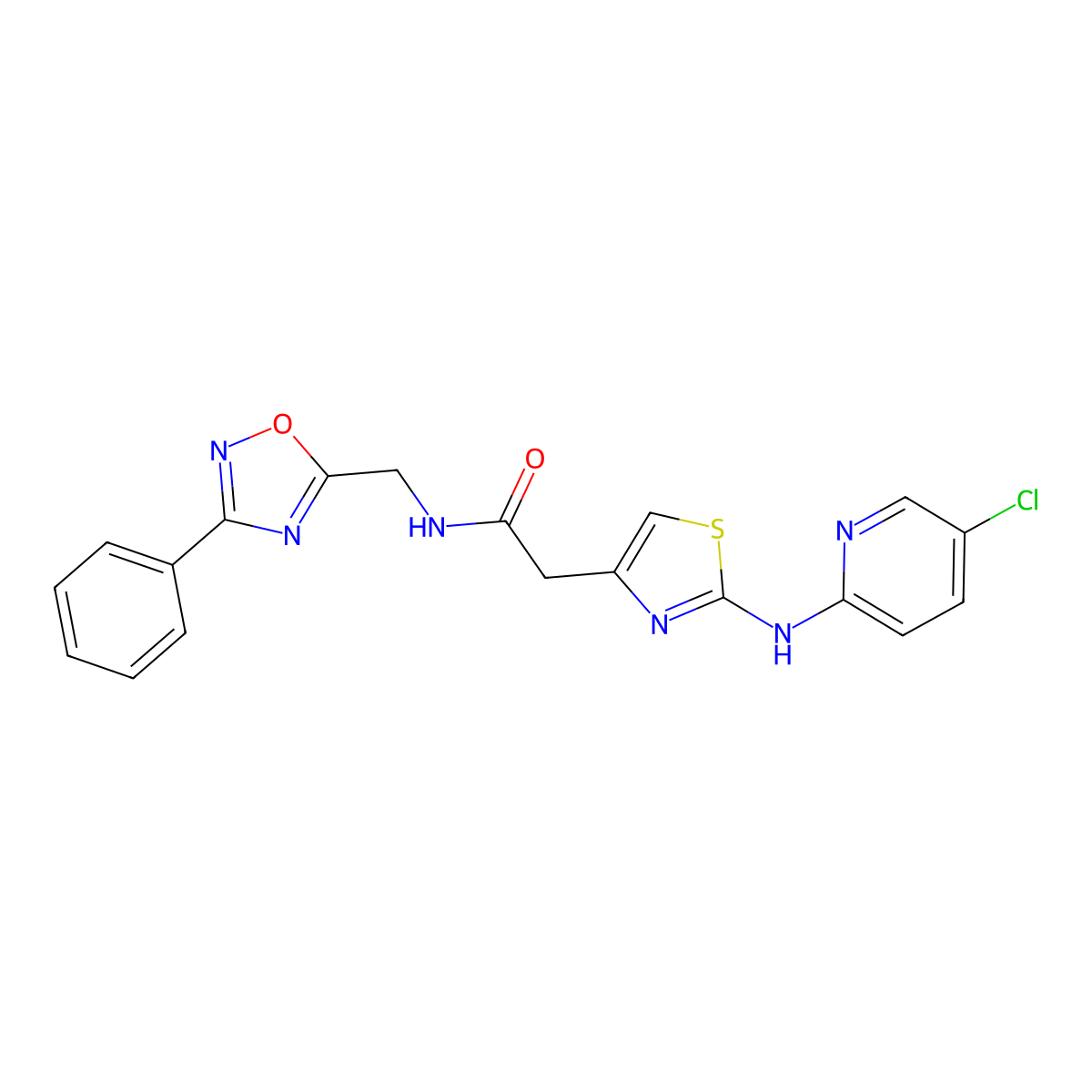 2-(2-((5-chloropyridin-2-yl)amino)thiazol-4-yl)-N-((3-phenyl-1,2,4-oxadiazol-5-yl)methyl)acetamide molecular structure, CAS 1327242-20-5