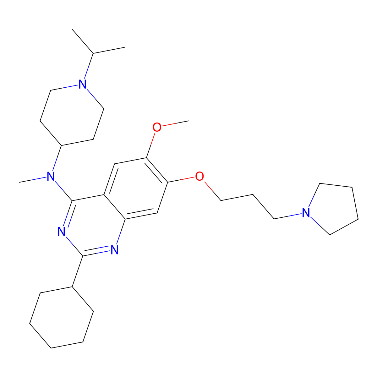 2-Cyclohexyl-N-(1-isopropylpiperidin-4-yl)-6-methoxy-N-methyl-7-(3-(pyrrolidin-1-yl)propoxy)quinazolin-4-amine molecular structure, CAS 1327276-39-0