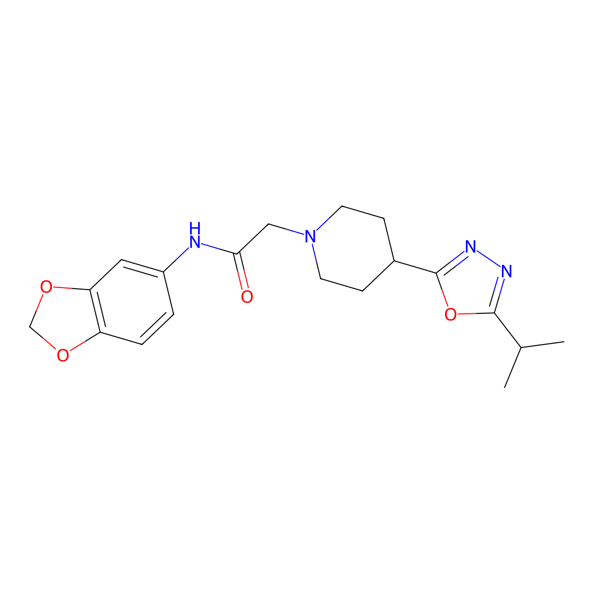 N-(benzo[d][1,3]dioxol-5-yl)-2-(4-(5-isopropyl-1,3,4-oxadiazol-2-yl)piperidin-1-yl)acetamide molecular structure, CAS 1327296-13-8
