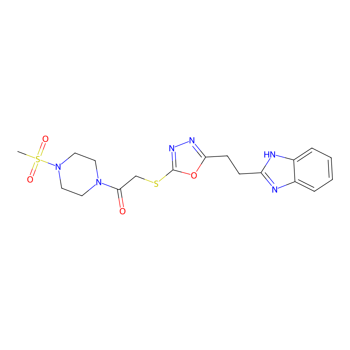 2-((5-(2-(1H-benzo[d]imidazol-2-yl)ethyl)-1,3,4-oxadiazol-2-yl)thio)-1-(4-(methylsulfonyl)piperazin-1-yl)ethanone molecular structure, CAS 1327309-85-2