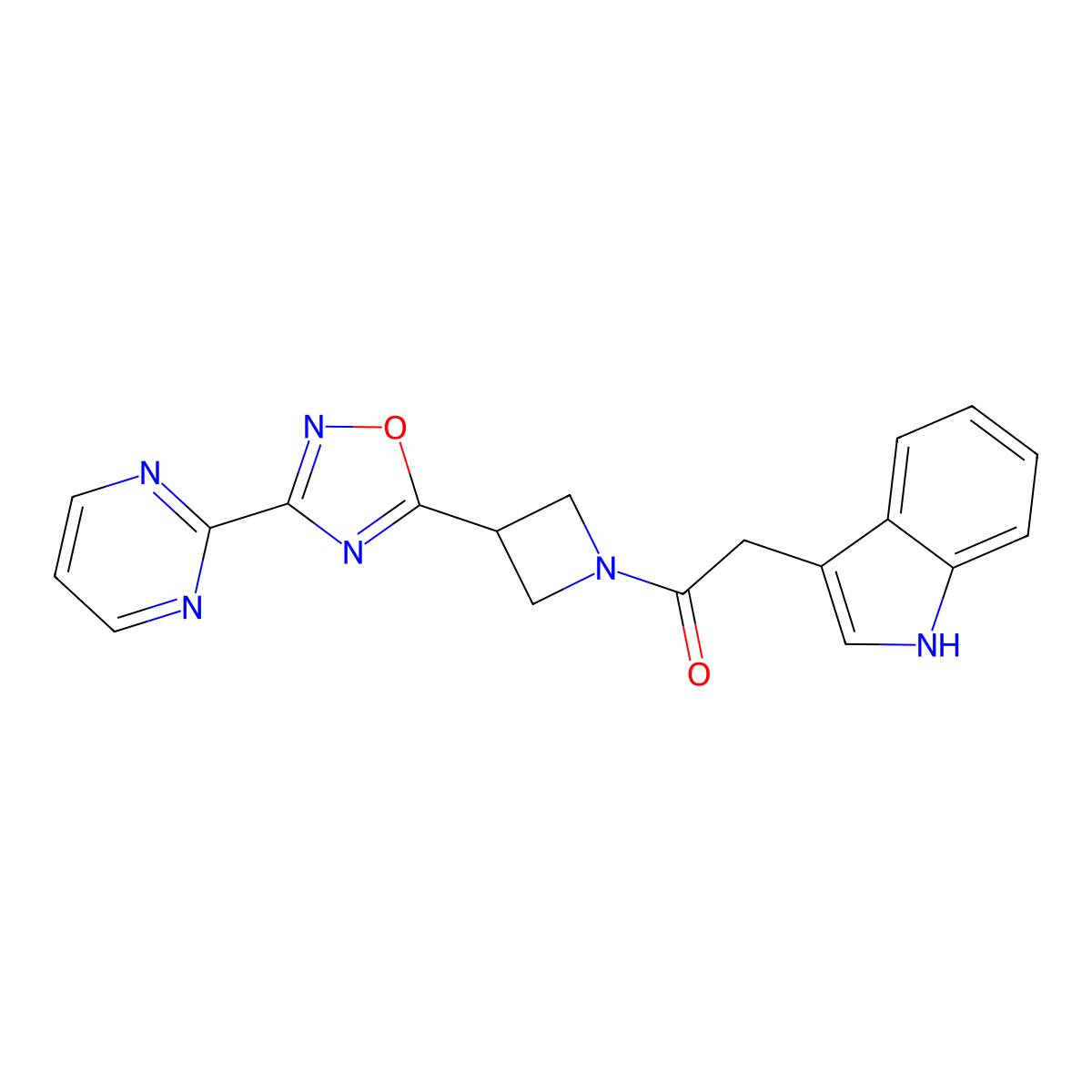 2-(1H-indol-3-yl)-1-(3-(3-(pyrimidin-2-yl)-1,2,4-oxadiazol-5-yl)azetidin-1-yl)ethanone molecular structure, CAS 1327316-01-7