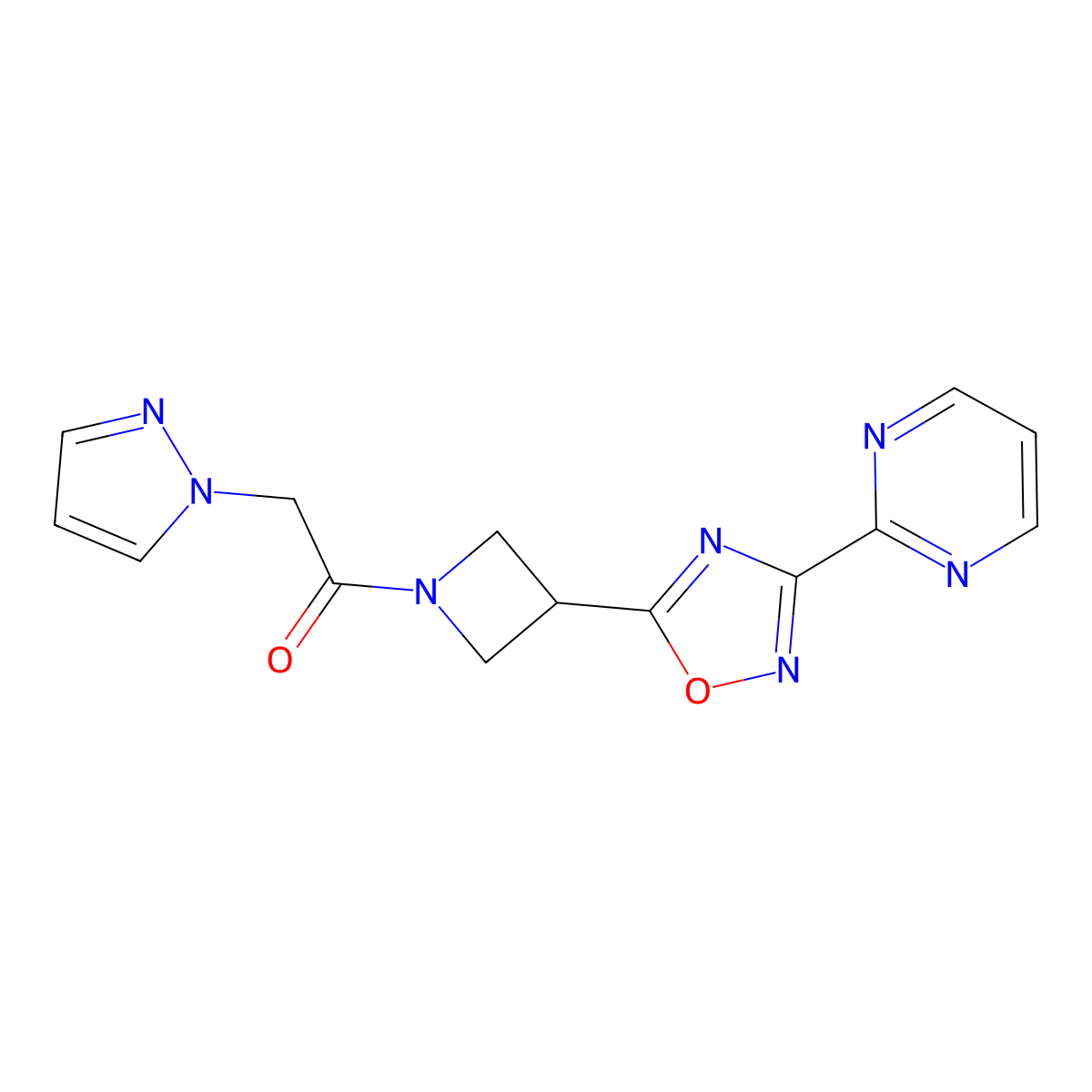 2-(1H-pyrazol-1-yl)-1-(3-(3-(pyrimidin-2-yl)-1,2,4-oxadiazol-5-yl)azetidin-1-yl)ethanone molecular structure, CAS 1327316-31-3