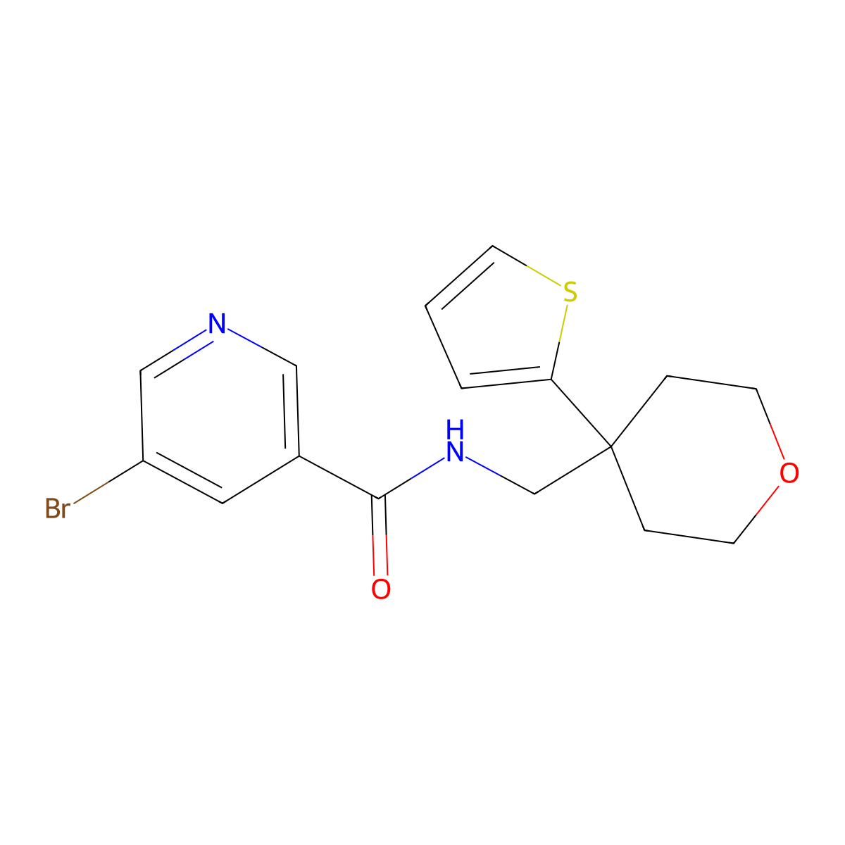 5-bromo-N-((4-(thiophen-2-yl)tetrahydro-2H-pyran-4-yl)methyl)nicotinamide molecular structure, CAS 1327320-46-6