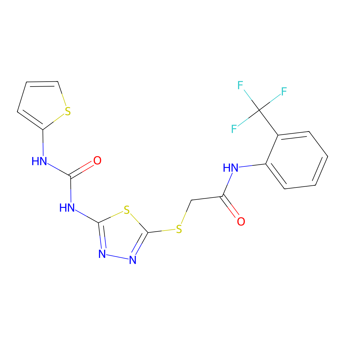 2-((5-(3-(thiophen-2-yl)ureido)-1,3,4-thiadiazol-2-yl)thio)-N-(2-(trifluoromethyl)phenyl)acetamide molecular structure, CAS 1327391-40-1