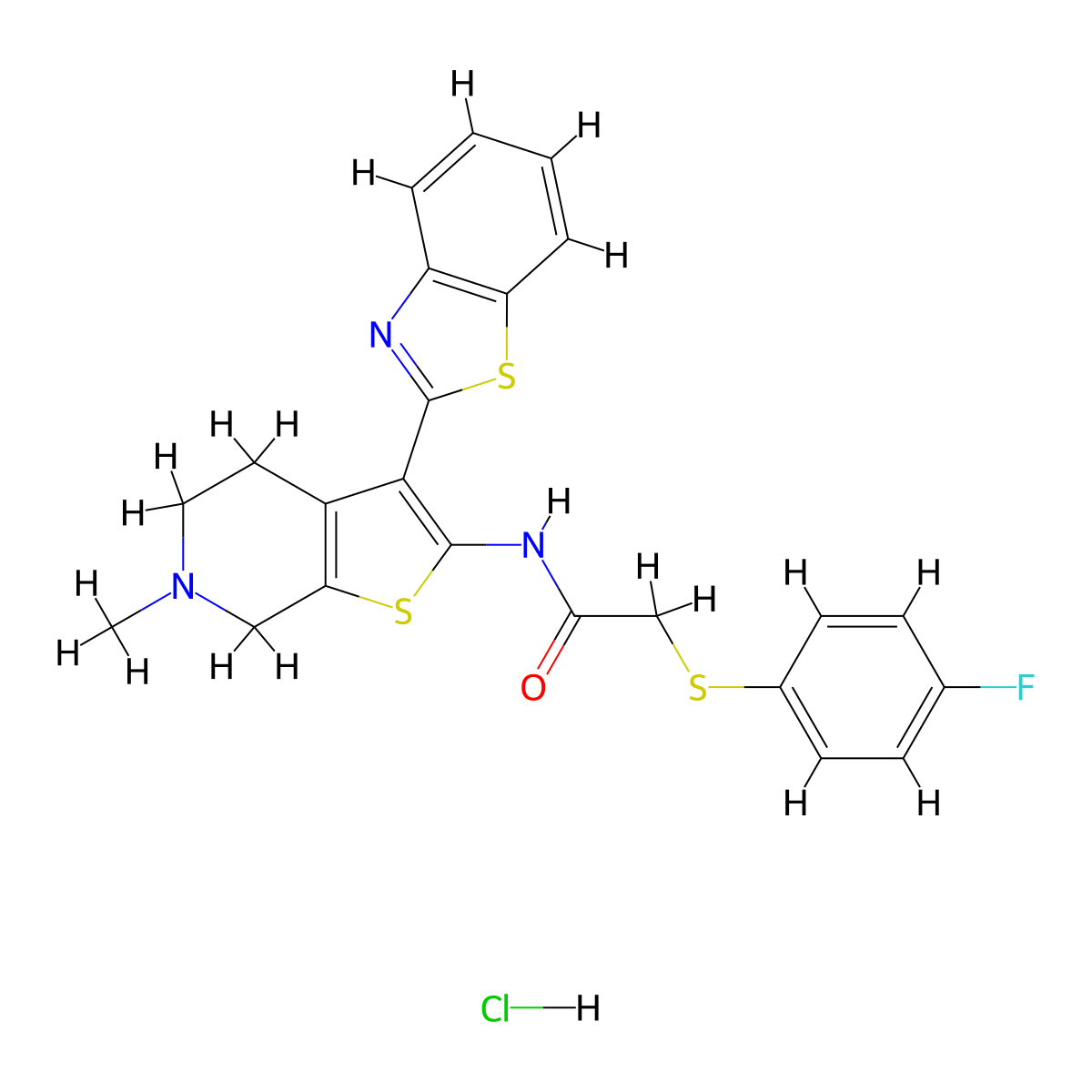 N-(3-(benzo[d]thiazol-2-yl)-6-methyl-4,5,6,7-tetrahydrothieno[2,3-c]pyridin-2-yl)-2-((4-fluorophenyl)thio)acetamide hydrochloride molecular structure, CAS 1327521-20-9