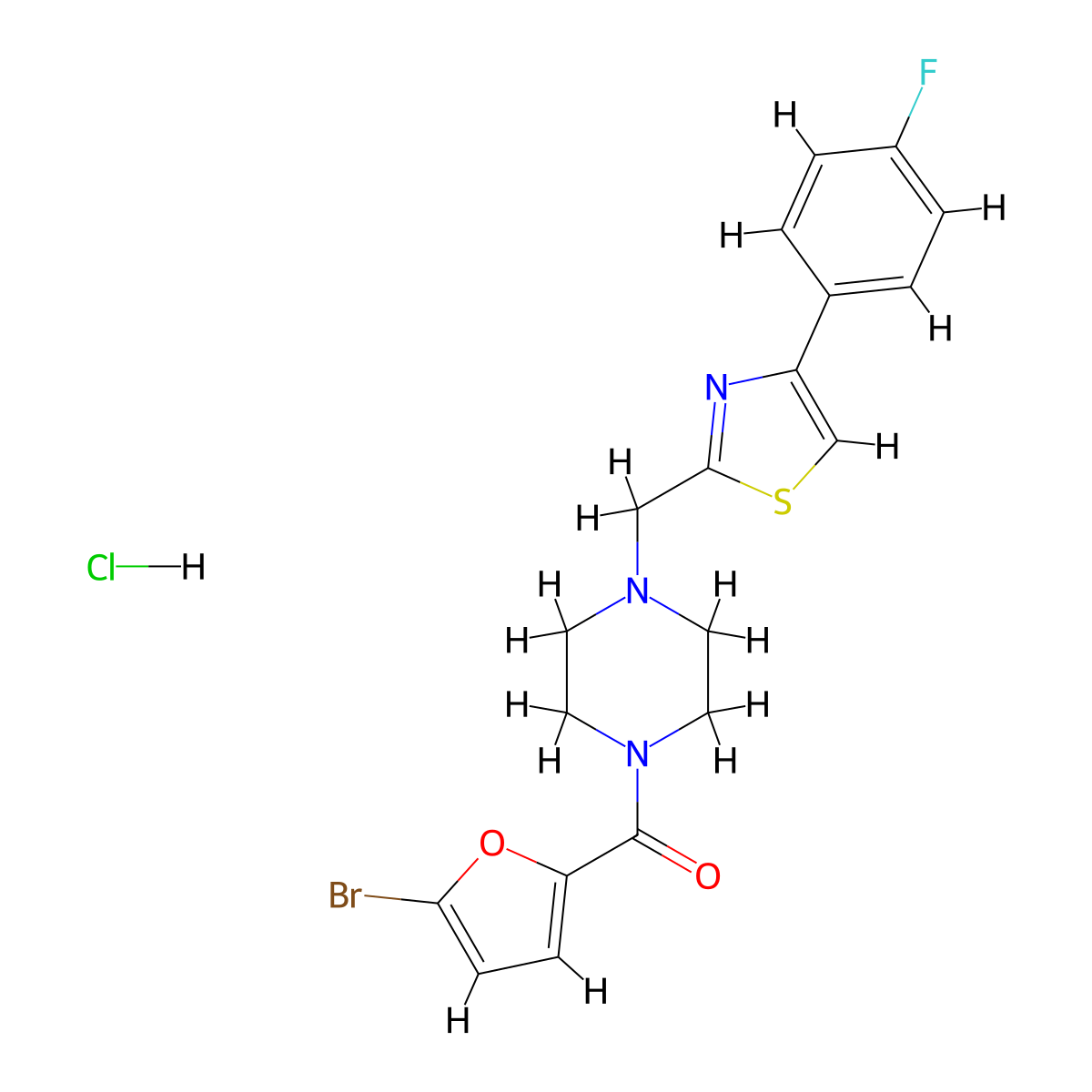 (5-Bromofuran-2-yl)(4-((4-(4-fluorophenyl)thiazol-2-yl)methyl)piperazin-1-yl)methanone hydrochloride molecular structure, CAS 1327526-30-6