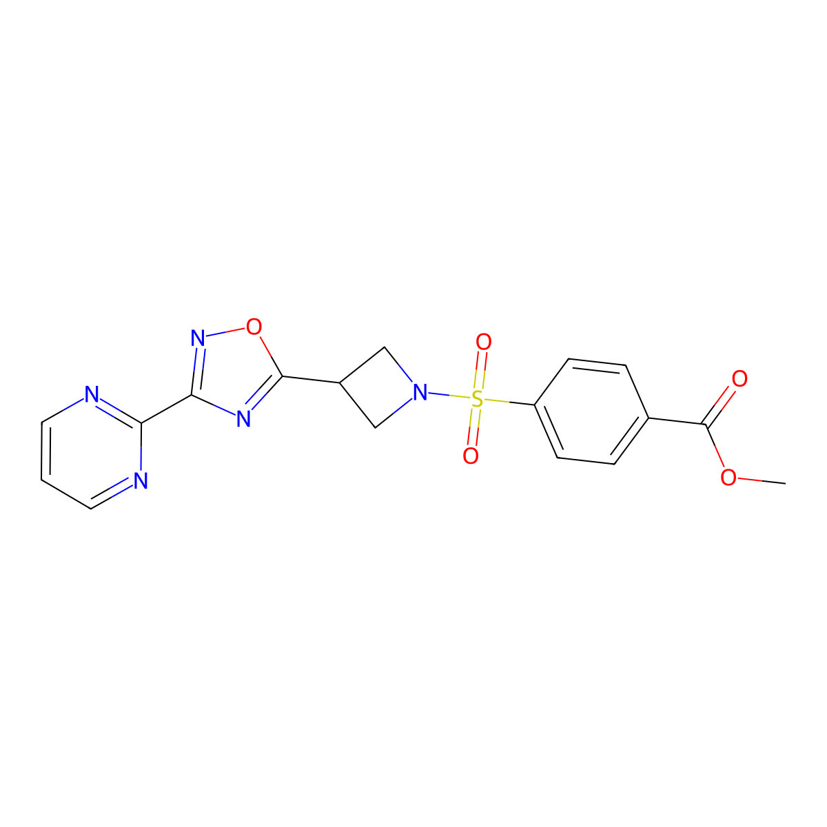 Methyl 4-((3-(3-(pyrimidin-2-yl)-1,2,4-oxadiazol-5-yl)azetidin-1-yl)sulfonyl)benzoate molecular structure, CAS 1327528-98-2