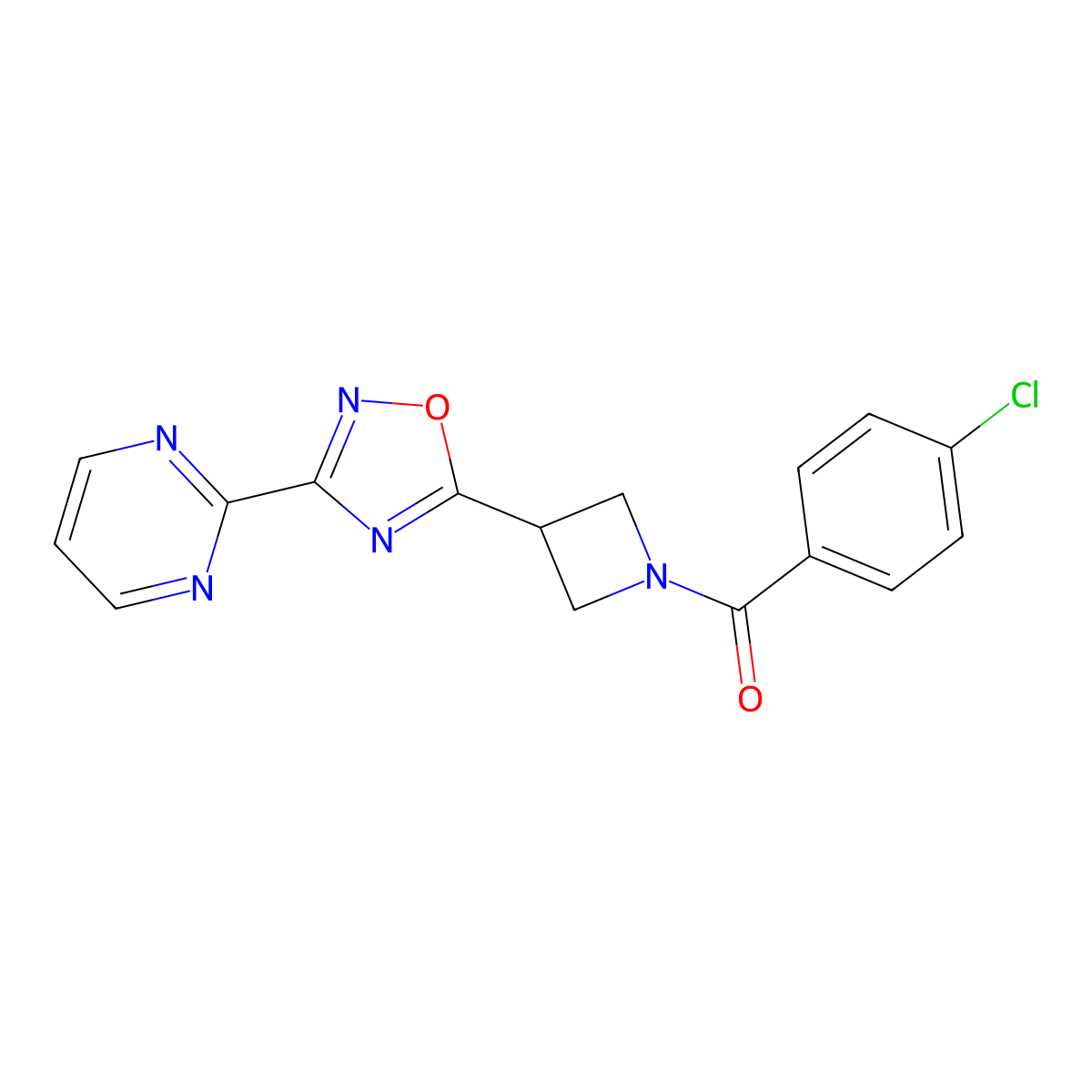 (4-Chlorophenyl)(3-(3-(pyrimidin-2-yl)-1,2,4-oxadiazol-5-yl)azetidin-1-yl)methanone molecular structure, CAS 1327529-04-3