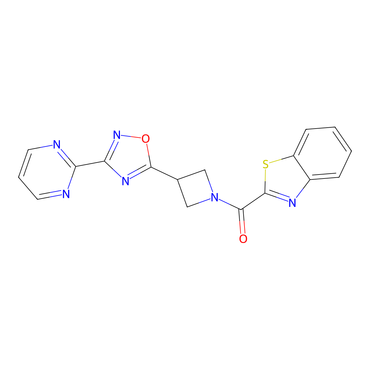 Benzo[d]thiazol-2-yl(3-(3-(pyrimidin-2-yl)-1,2,4-oxadiazol-5-yl)azetidin-1-yl)methanone molecular structure, CAS 1327529-11-2