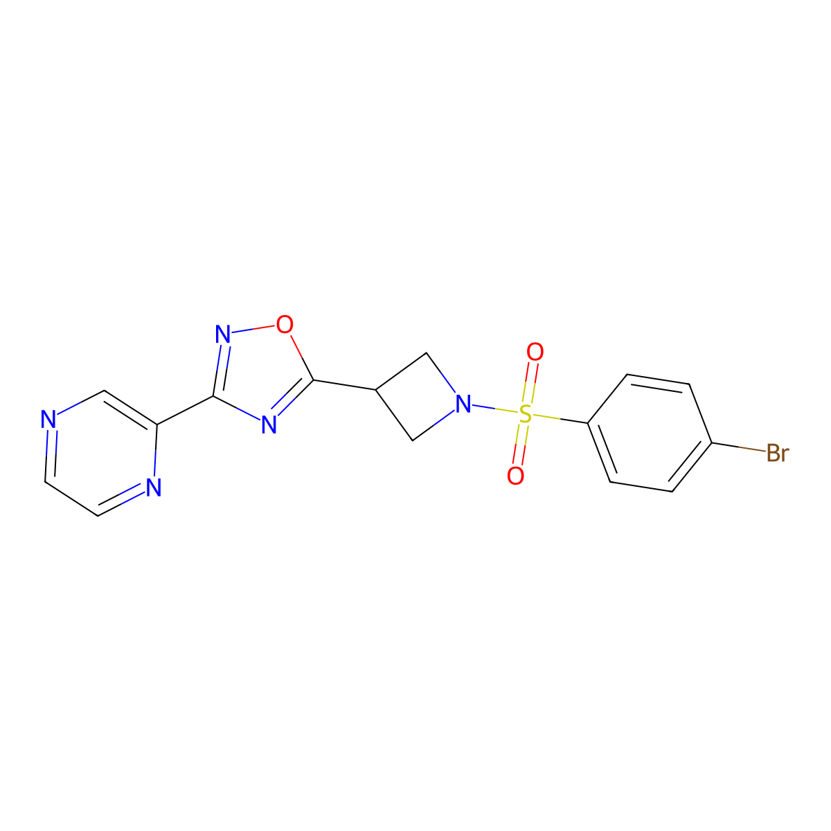 5-(1-((4-Bromophenyl)sulfonyl)azetidin-3-yl)-3-(pyrazin-2-yl)-1,2,4-oxadiazole molecular structure, CAS 1327529-77-0