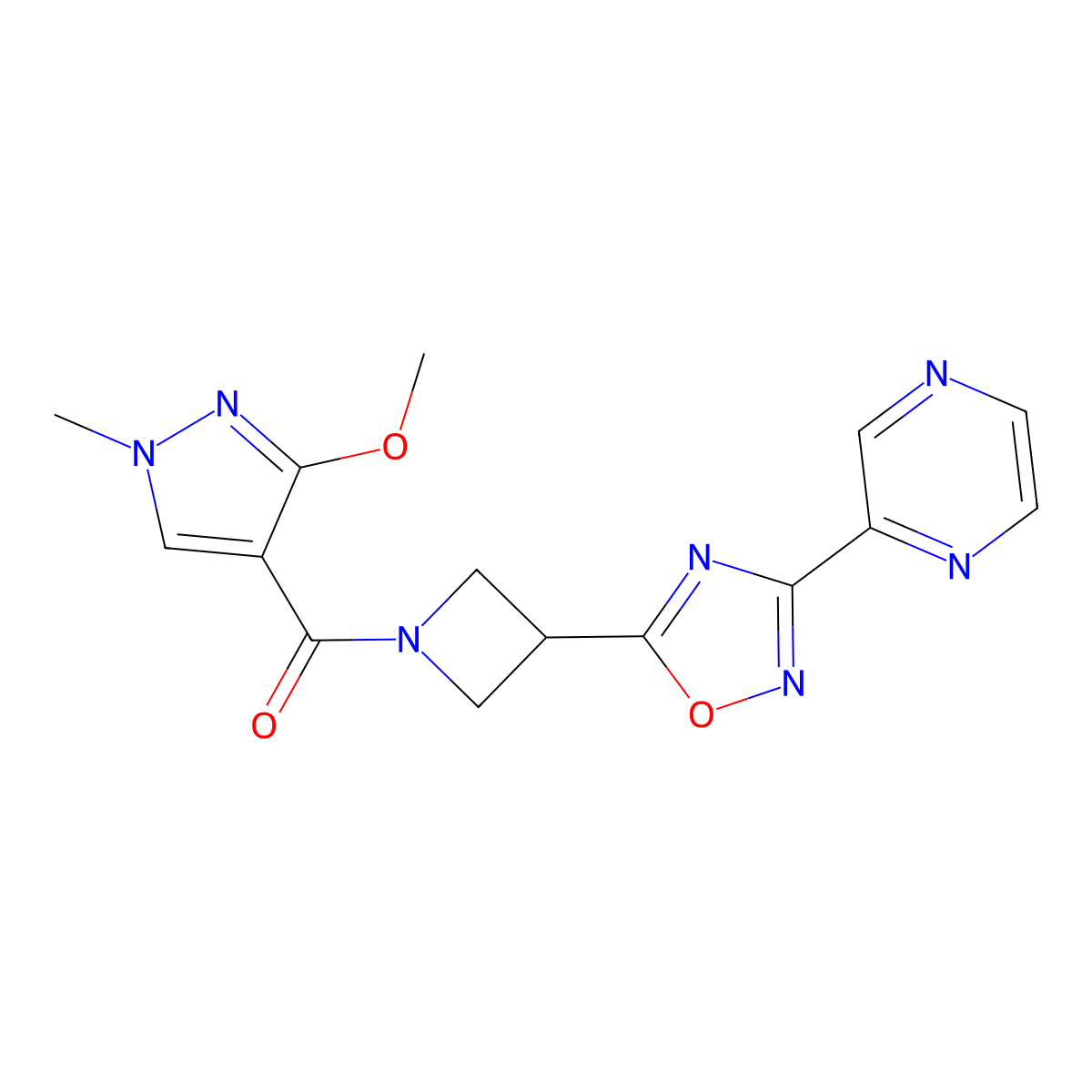 (3-methoxy-1-methyl-1H-pyrazol-4-yl)(3-(3-(pyrazin-2-yl)-1,2,4-oxadiazol-5-yl)azetidin-1-yl)methanone molecular structure, CAS 1327530-12-0