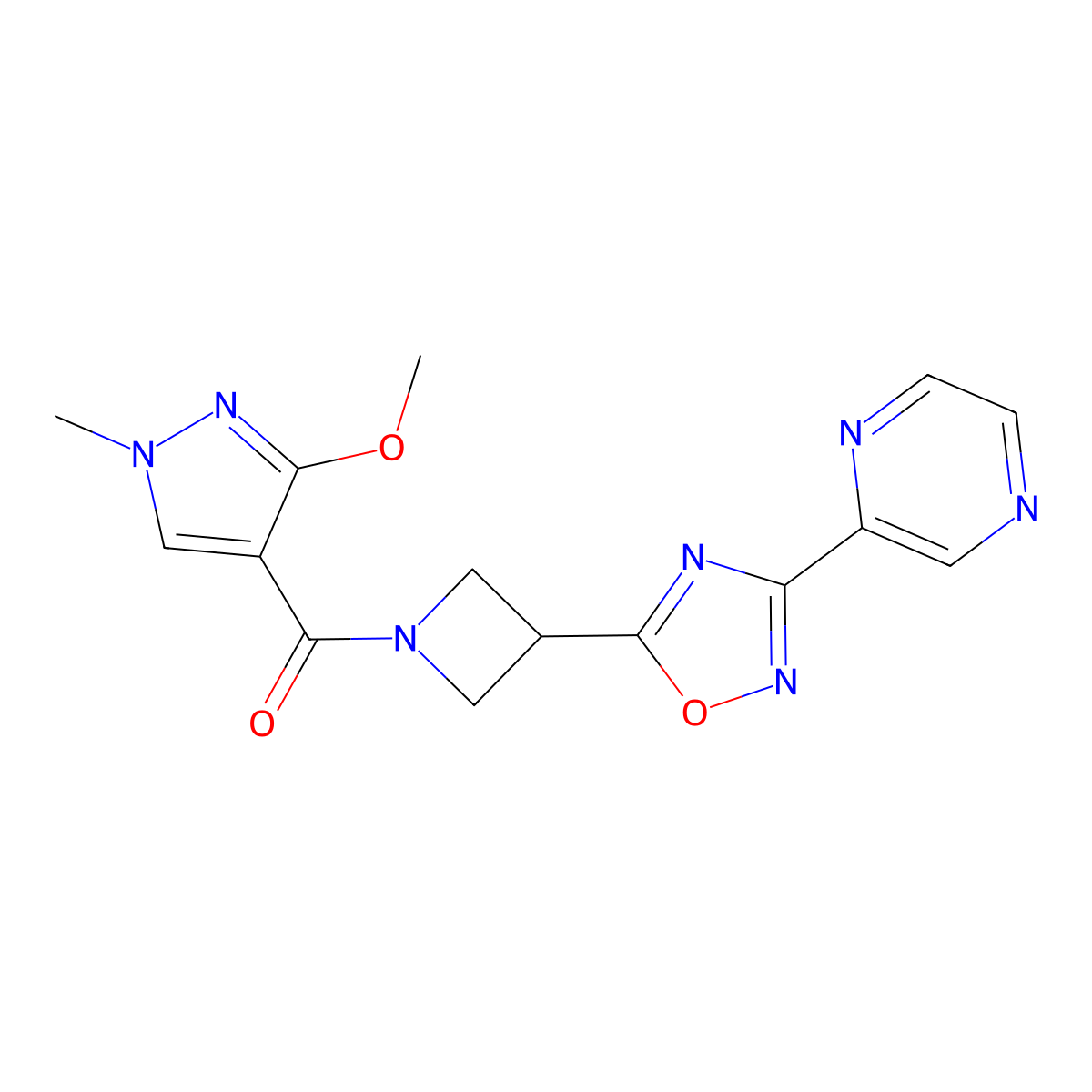 (3-methoxy-1-methyl-1H-pyrazol-4-yl)(3-(3-(pyrazin-2-yl)-1,2,4-oxadiazol-5-yl)azetidin-1-yl)methanone molecular structure, CAS 1327530-12-0