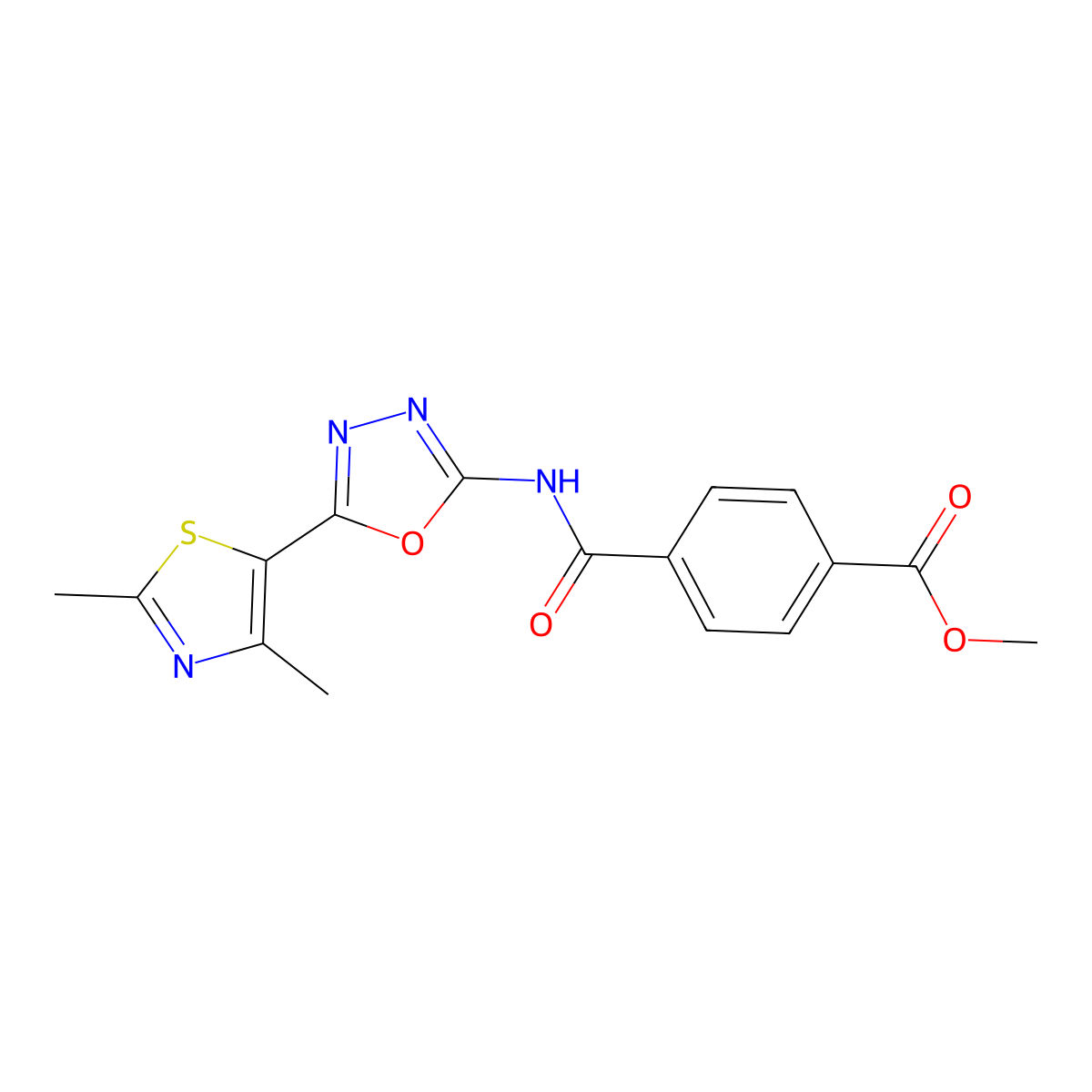 Methyl 4-((5-(2,4-dimethylthiazol-5-yl)-1,3,4-oxadiazol-2-yl)carbamoyl)benzoate molecular structure, CAS 1327557-46-9