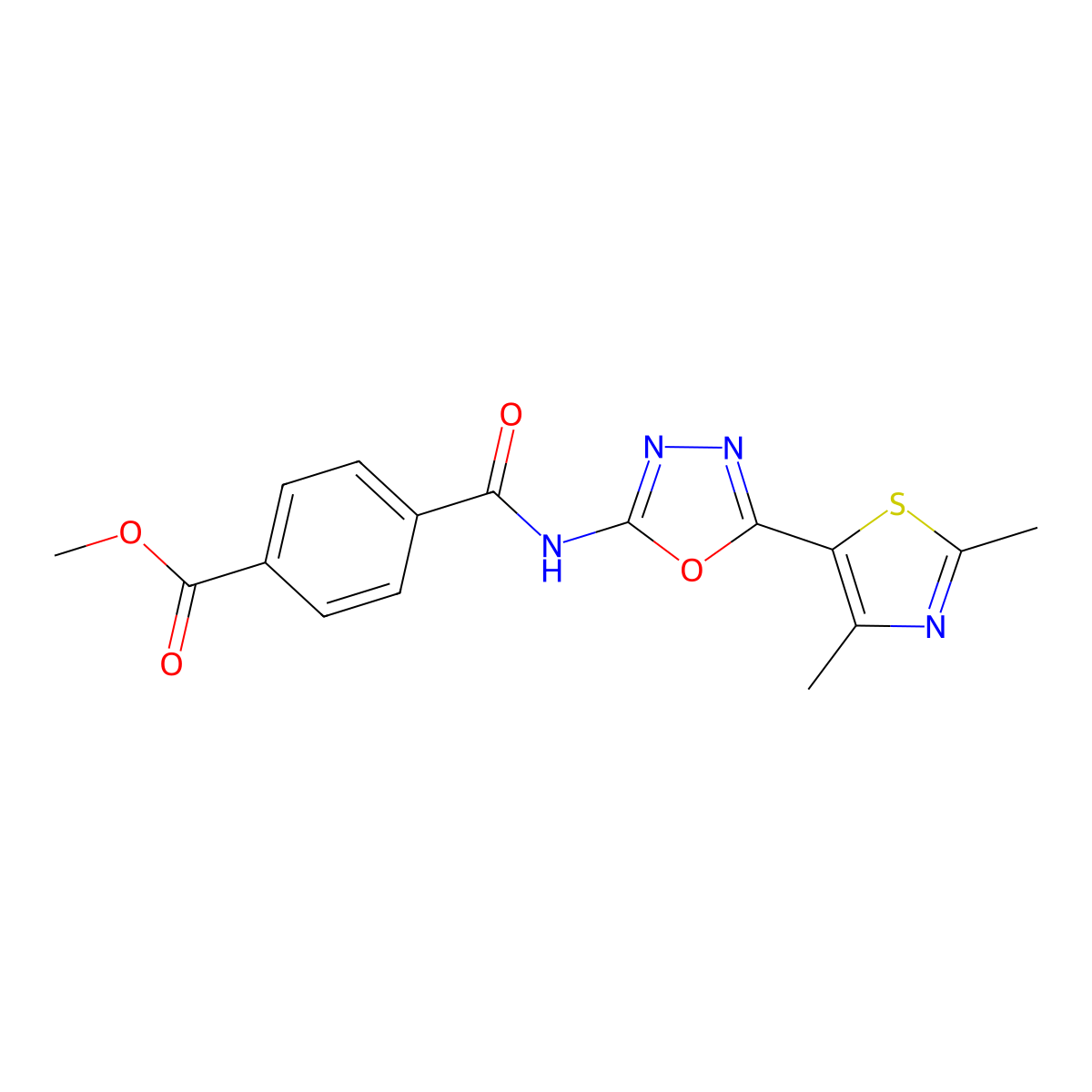Methyl 4-((5-(2,4-dimethylthiazol-5-yl)-1,3,4-oxadiazol-2-yl)carbamoyl)benzoate molecular structure, CAS 1327557-46-9