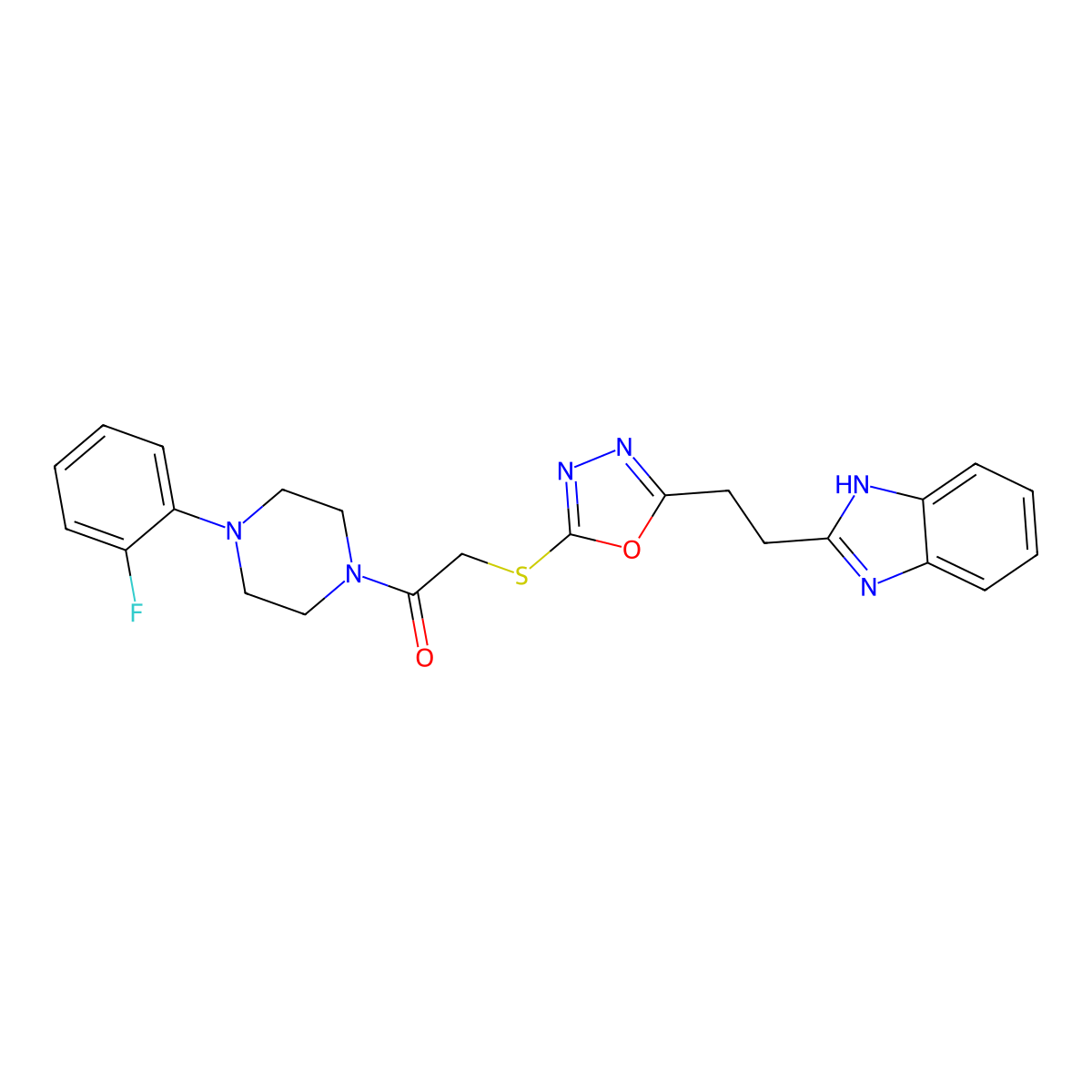 2-((5-(2-(1H-benzo[d]imidazol-2-yl)ethyl)-1,3,4-oxadiazol-2-yl)thio)-1-(4-(2-fluorophenyl)piperazin-1-yl)ethanone molecular structure, CAS 1327557-57-2