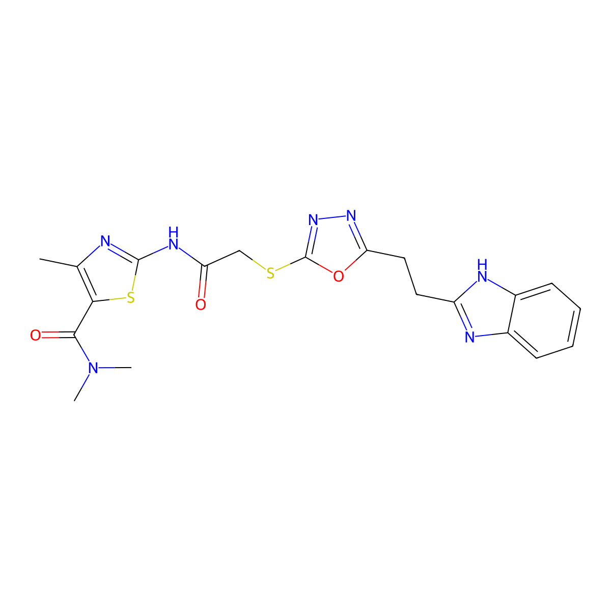 2-(2-((5-(2-(1H-benzo[d]imidazol-2-yl)ethyl)-1,3,4-oxadiazol-2-yl)thio)acetamido)-N,N,4-trimethylthiazole-5-carboxamide molecular structure, CAS 1327557-76-5