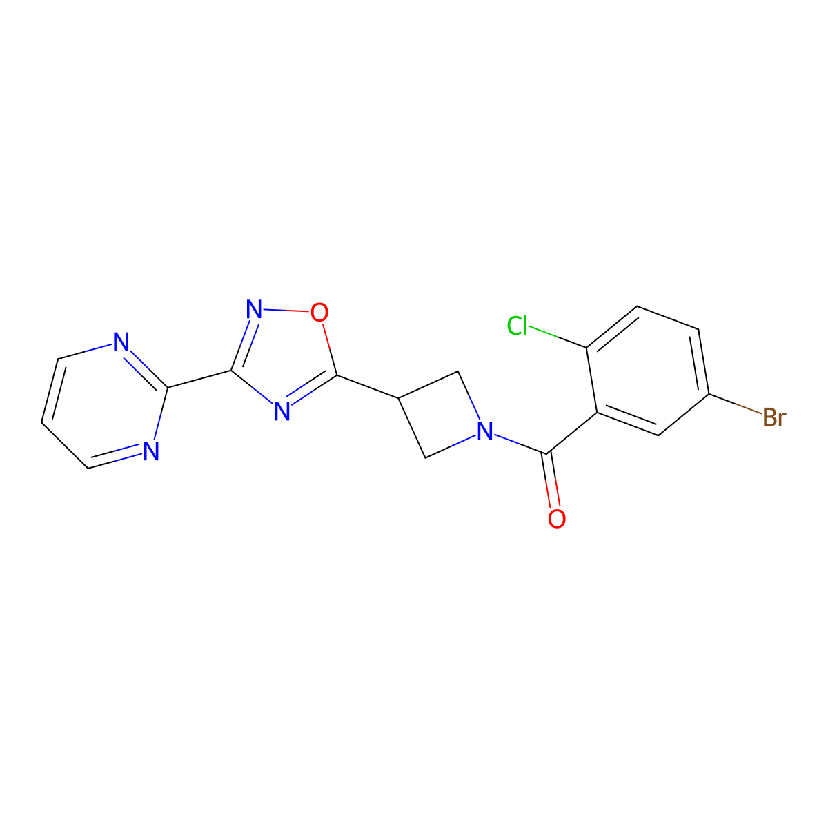 (5-Bromo-2-chlorophenyl)(3-(3-(pyrimidin-2-yl)-1,2,4-oxadiazol-5-yl)azetidin-1-yl)methanone molecular structure, CAS 1327574-42-4