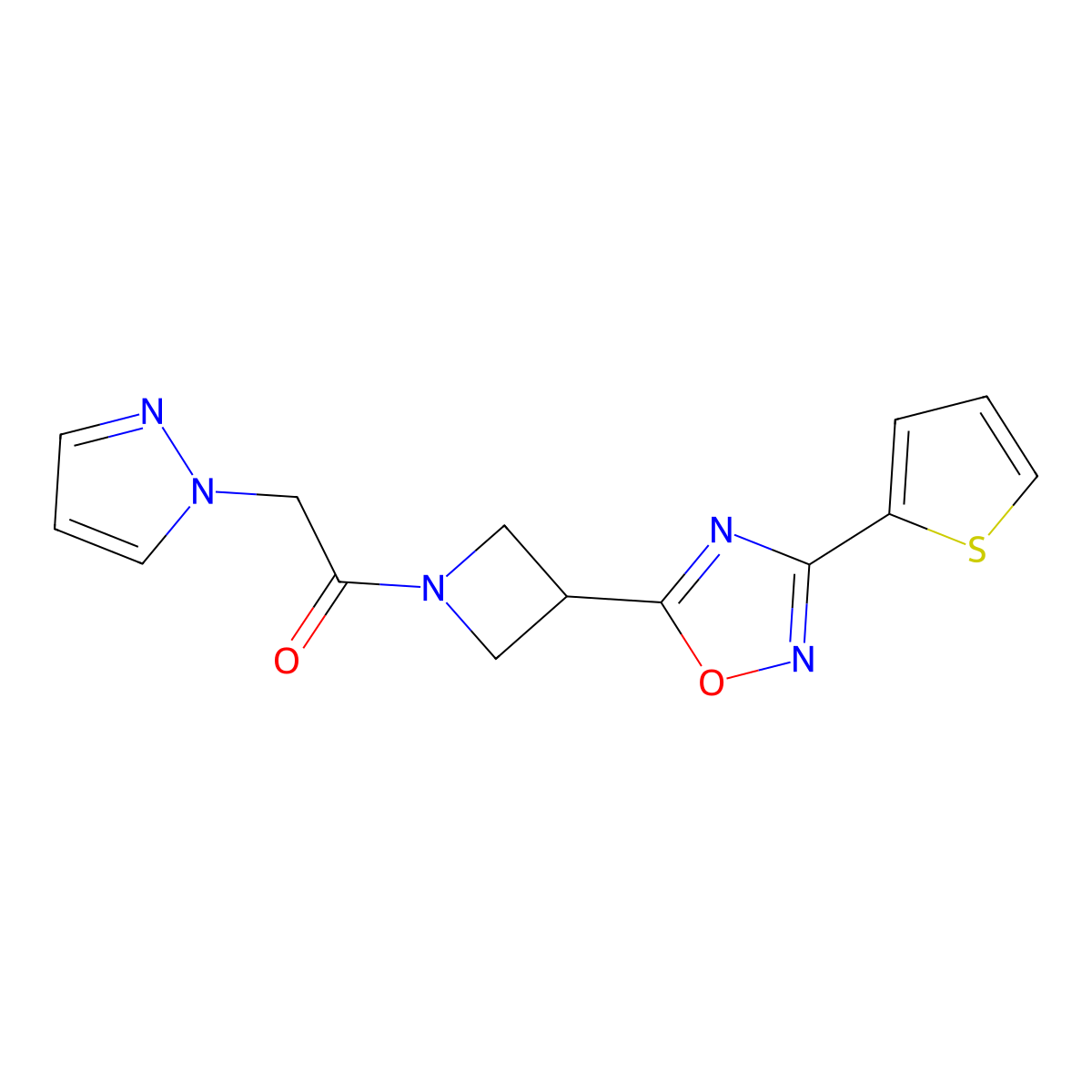 2-(1H-pyrazol-1-yl)-1-(3-(3-(thiophen-2-yl)-1,2,4-oxadiazol-5-yl)azetidin-1-yl)ethanone molecular structure, CAS 1327575-00-7