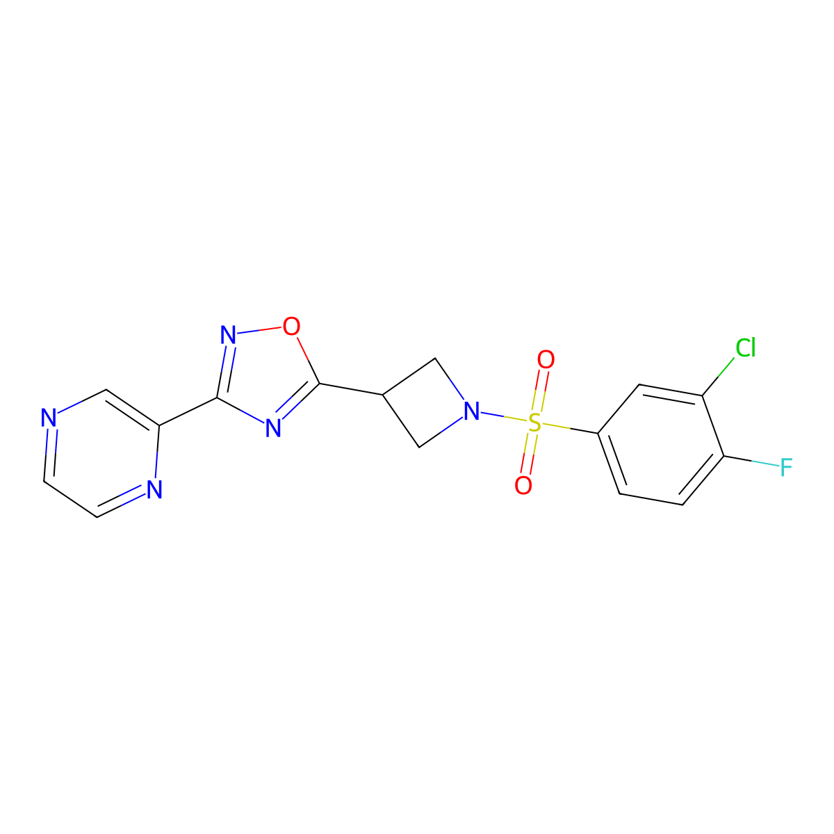 5-(1-((3-Chloro-4-fluorophenyl)sulfonyl)azetidin-3-yl)-3-(pyrazin-2-yl)-1,2,4-oxadiazole molecular structure, CAS 1327575-27-8