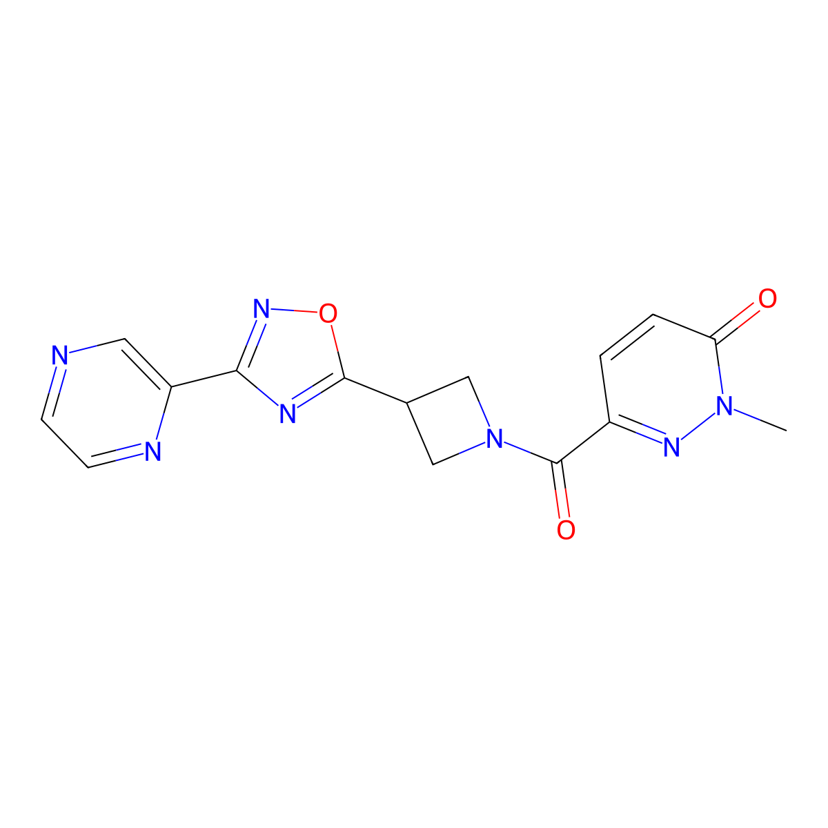 2-methyl-6-(3-(3-(pyrazin-2-yl)-1,2,4-oxadiazol-5-yl)azetidine-1-carbonyl)pyridazin-3(2H)-one molecular structure, CAS 1327575-34-7