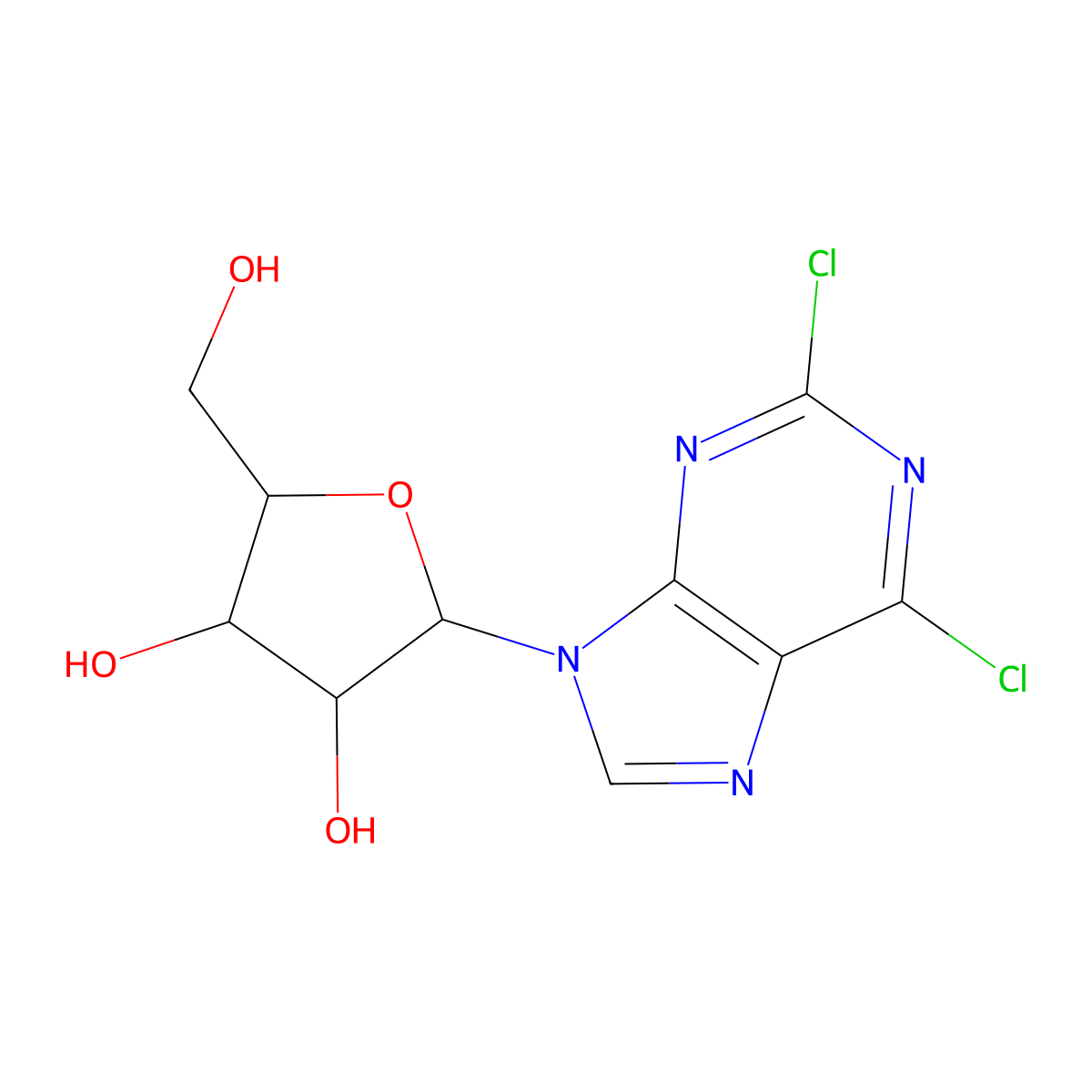 (2R,3R,4S,5R)-2-(2,6-Dichloro-9H-purin-9-yl)-5-(hydroxymethyl)tetrahydrofuran-3,4-diol molecular structure, CAS 13276-52-3