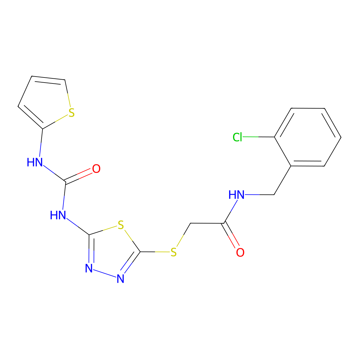 N-[(2-chlorophenyl)methyl]-2-[(5-{[(thiophen-2-yl)carbamoyl]amino}-1,3,4-thiadiazol-2-yl)sulfanyl]acetamide molecular structure, CAS 1327608-09-2