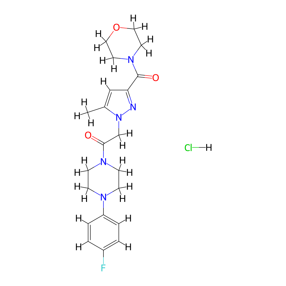 1-(4-(4-fluorophenyl)piperazin-1-yl)-2-(5-methyl-3-(morpholine-4-carbonyl)-1H-pyrazol-1-yl)ethanone hydrochloride molecular structure, CAS 1327617-09-3