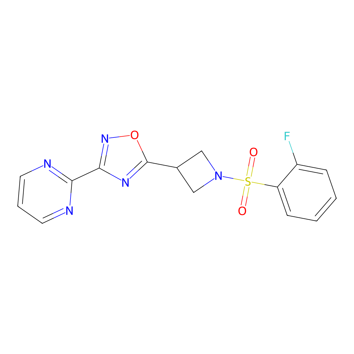 5-(1-((2-Fluorophenyl)sulfonyl)azetidin-3-yl)-3-(pyrimidin-2-yl)-1,2,4-oxadiazole molecular structure, CAS 1327629-38-8