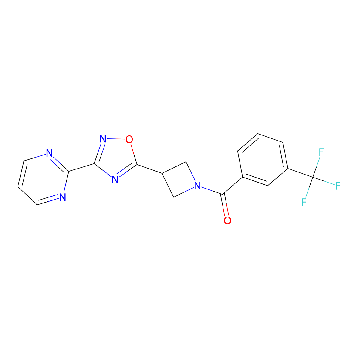 (3-(3-(Pyrimidin-2-yl)-1,2,4-oxadiazol-5-yl)azetidin-1-yl)(3-(trifluoromethyl)phenyl)methanone molecular structure, CAS 1327629-61-7
