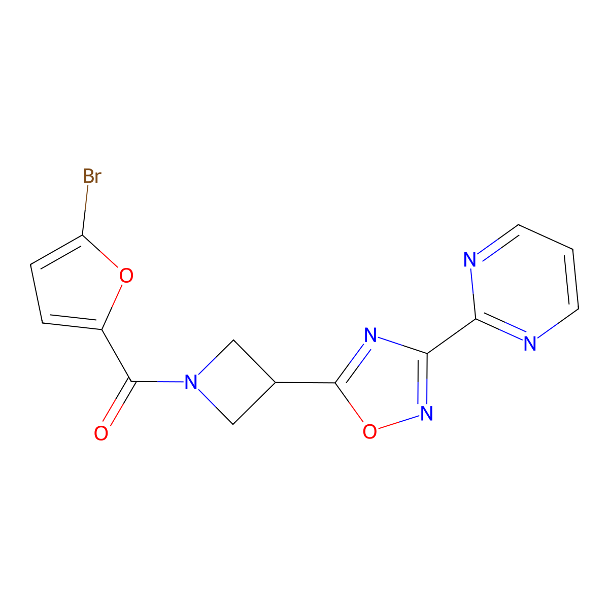 (5-Bromofuran-2-yl)(3-(3-(pyrimidin-2-yl)-1,2,4-oxadiazol-5-yl)azetidin-1-yl)methanone molecular structure, CAS 1327629-69-5