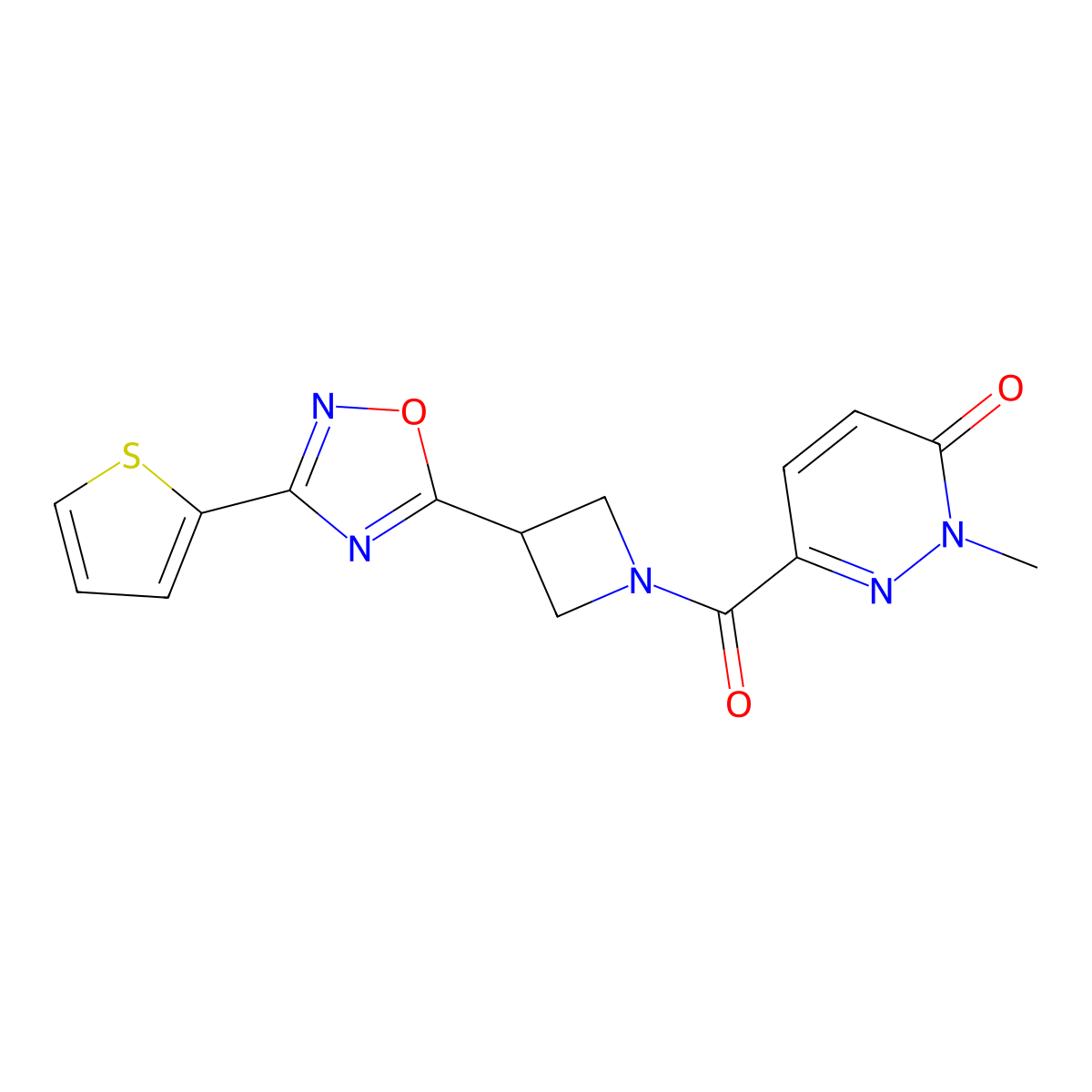 2-methyl-6-(3-(3-(thiophen-2-yl)-1,2,4-oxadiazol-5-yl)azetidine-1-carbonyl)pyridazin-3(2H)-one molecular structure, CAS 1327631-81-1