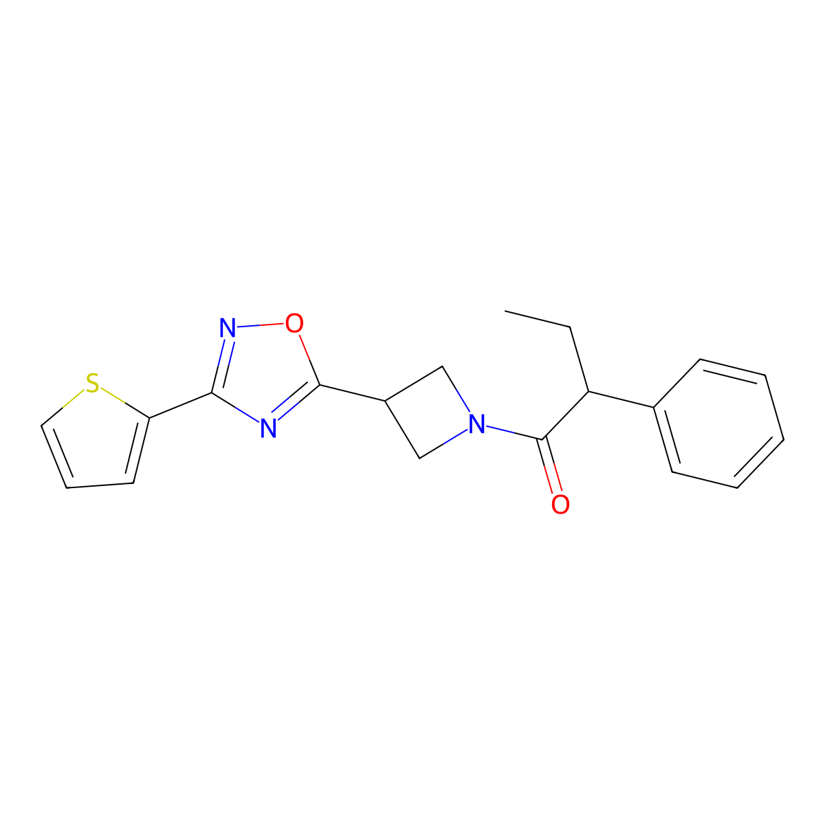 2-Phenyl-1-{3-[3-(thiophen-2-yl)-1,2,4-oxadiazol-5-yl]azetidin-1-yl}butan-1-one molecular structure, CAS 1327631-95-7