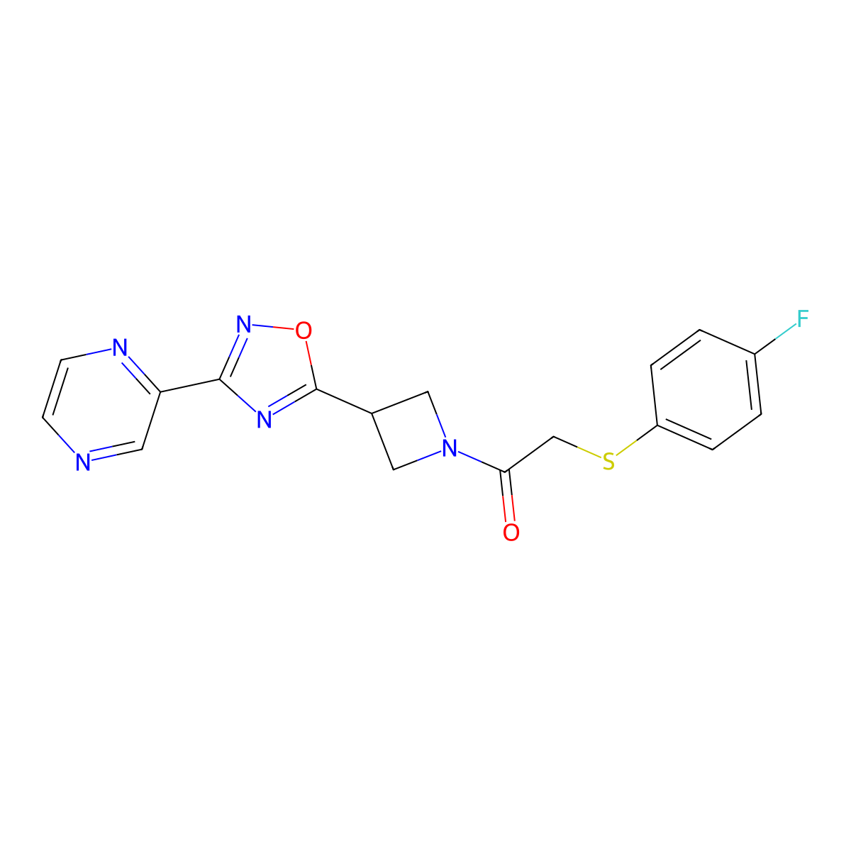 2-((4-Fluorophenyl)thio)-1-(3-(3-(pyrazin-2-yl)-1,2,4-oxadiazol-5-yl)azetidin-1-yl)ethanone molecular structure, CAS 1327632-53-0