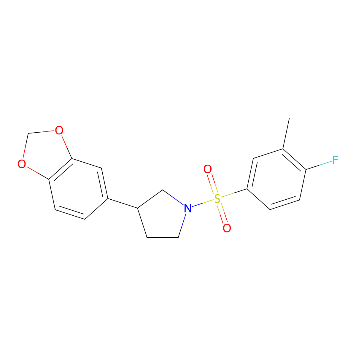 3-(Benzo[d][1,3]dioxol-5-yl)-1-((4-fluoro-3-methylphenyl)sulfonyl)pyrrolidine molecular structure, CAS 1327654-96-5