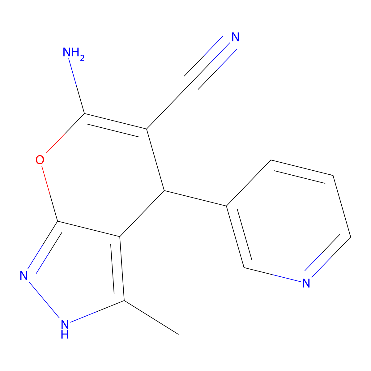 6-Amino-3-methyl-4-(3-pyridinyl)-1,4-dihydropyrano[2,3-c]pyrazole-5-carbonitrile molecular structure, CAS 132813-99-1