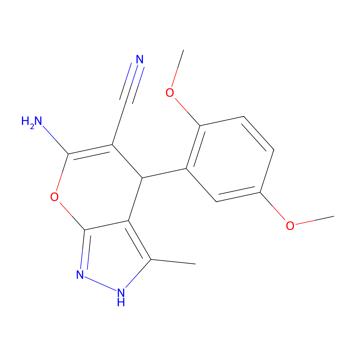 6-Amino-4-(2,5-dimethoxyphenyl)-3-methyl-1,4-dihydropyrano[2,3-c]pyrazole-5-carbonitrile molecular structure, CAS 132814-01-8