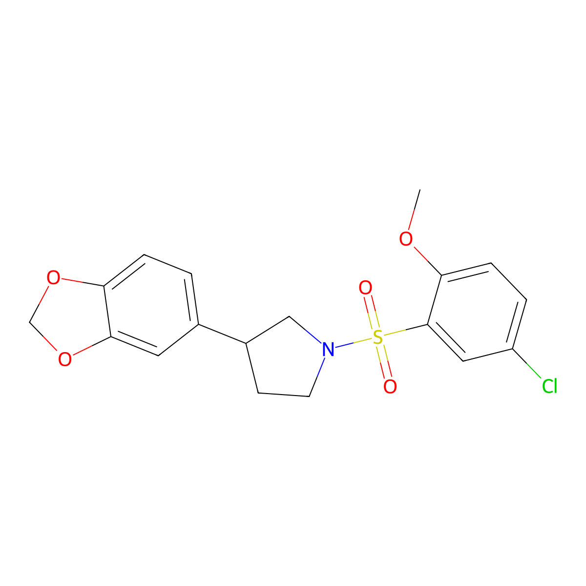 3-(Benzo[d][1,3]dioxol-5-yl)-1-((5-chloro-2-methoxyphenyl)sulfonyl)pyrrolidine molecular structure, CAS 1328334-96-8