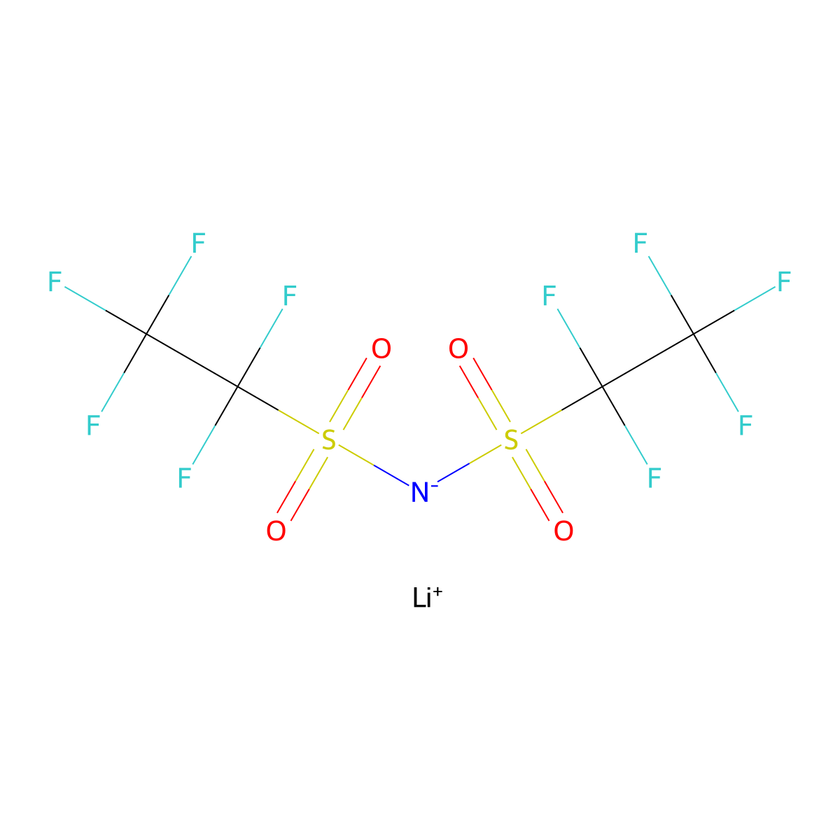 Ethanesulfonamide, 1,1,2,2,2-pentafluoro-N-((1,1,2,2,2-pentafluoroethyl)sulfonyl)-, lithium salt (1:1) molecular structure, CAS 132843-44-8