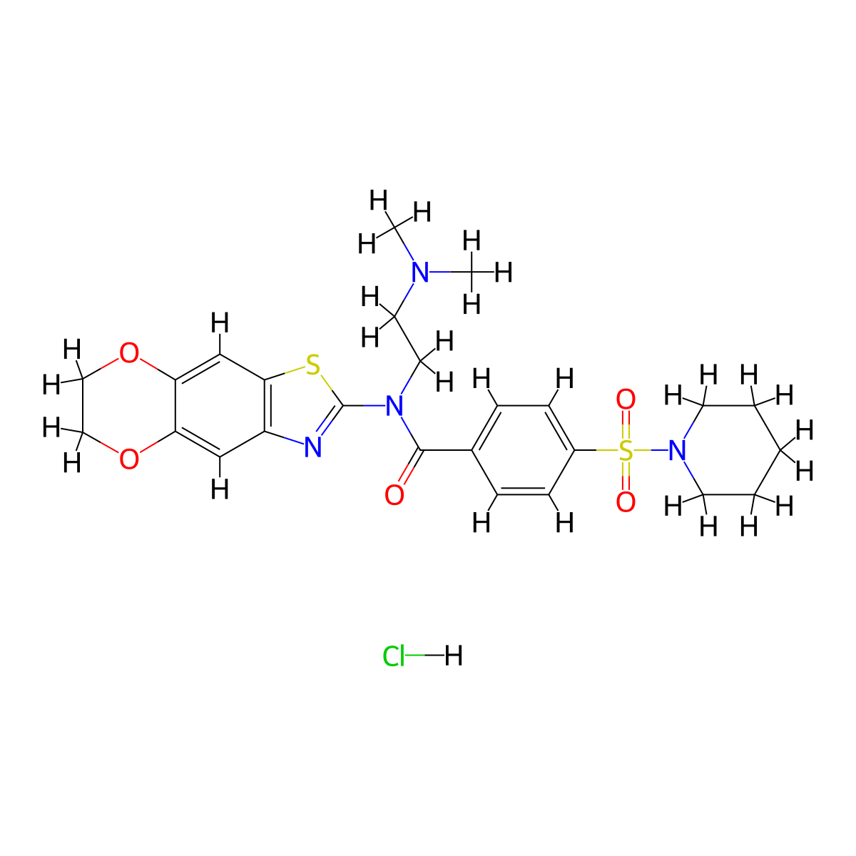 N-[2-(dimethylamino)ethyl]-N-{10,13-dioxa-4-thia-6-azatricyclo[7.4.0.0^{3,7}]trideca-1,3(7),5,8-tetraen-5-yl}-4-(piperidine-1-sulfonyl)benzamide hydrochloride molecular structure, CAS 1328685-24-0